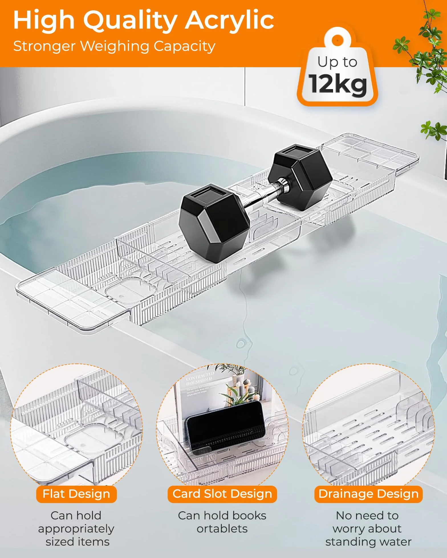 Bandeja para Bañera Acrílico, Bandeja Retráctil, Bandeja para Bañera para Copas de Vino, Libros, Tabletas, iPad y Teléfono, Accesorios de Baño Transparente