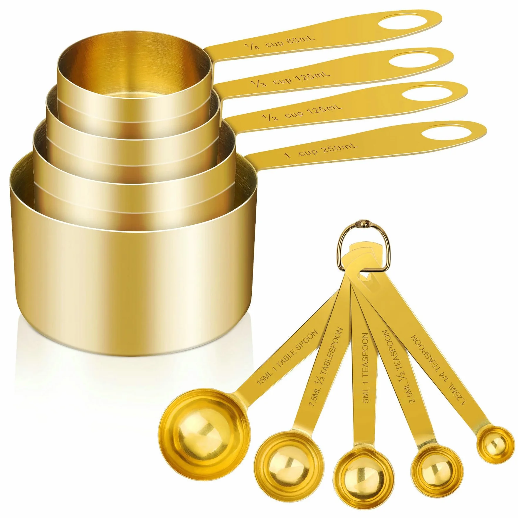 Cuteefun Cucharas Medidoras y Tazas Medidoras, 9 Piezas, Mango de Acero Inoxidable con Medidas MéTricas y US, Taza Medidora de Ingredientes Secos y Líquidos para Hornear y Cocinar (Oro)