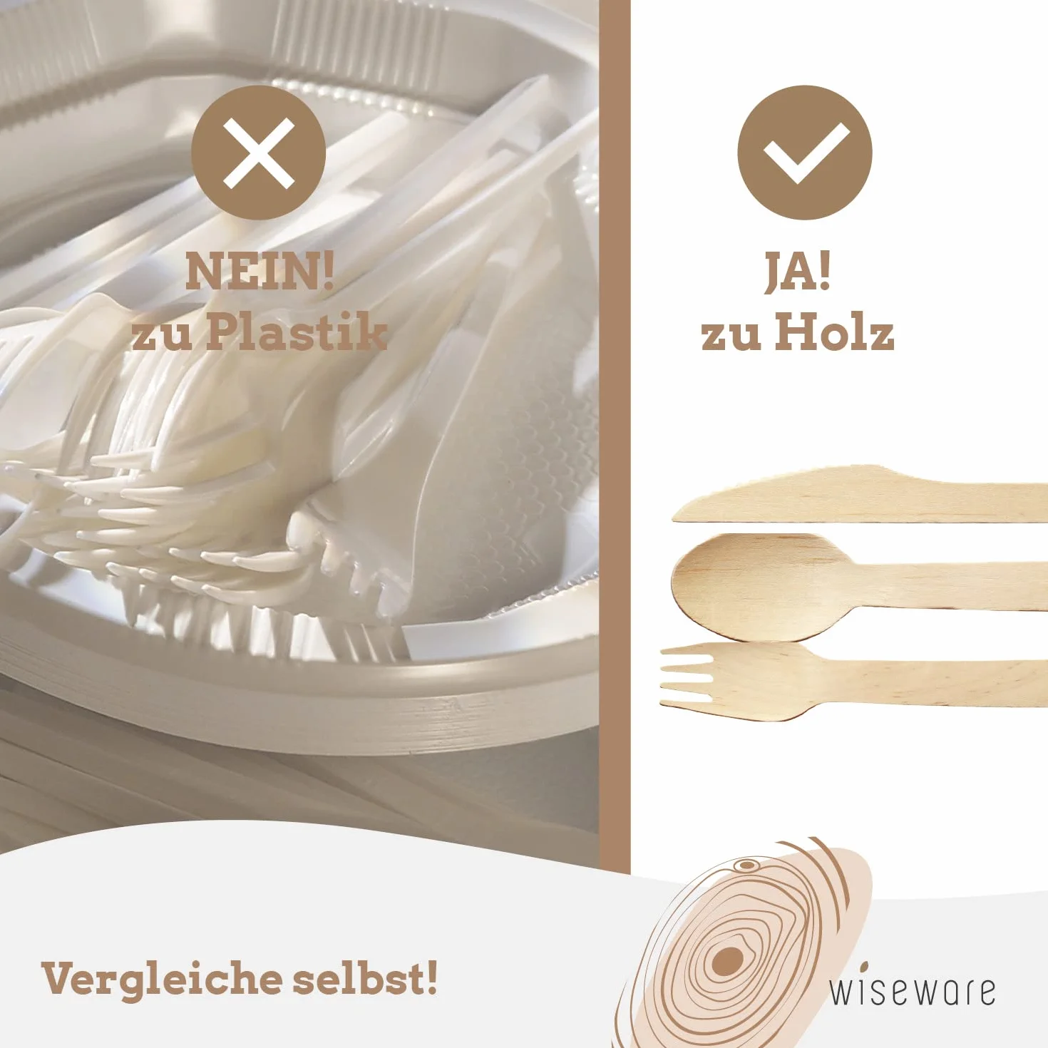 Wiseware - Cuchillos desechables de madera de abedul, 100 unidades, cuchillos desechables, biodegradables, naturales, estables, respetuosos con el medio ambiente, embalaje sin plástico