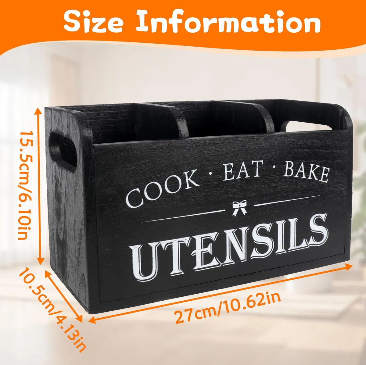 Soporte Utensilios Cocina con 3 Compartimentos & Parte Inferior Drenaje, Bote Organizador de Cocina Madera, Almacenamiento Cubiertos Granja para Decoración Encimera, Herramientas, Cucharas, Espátulas