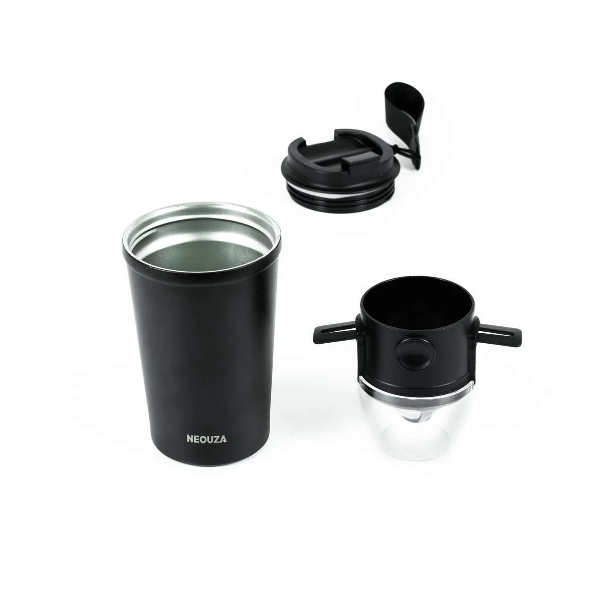 NEOUZA Dripper de café con vaso aislado al vacío, filtro de café reutilizable de acero inoxidable, cafetera portátil plegable sin papel para camping, viajes (vaso negro + goteador)