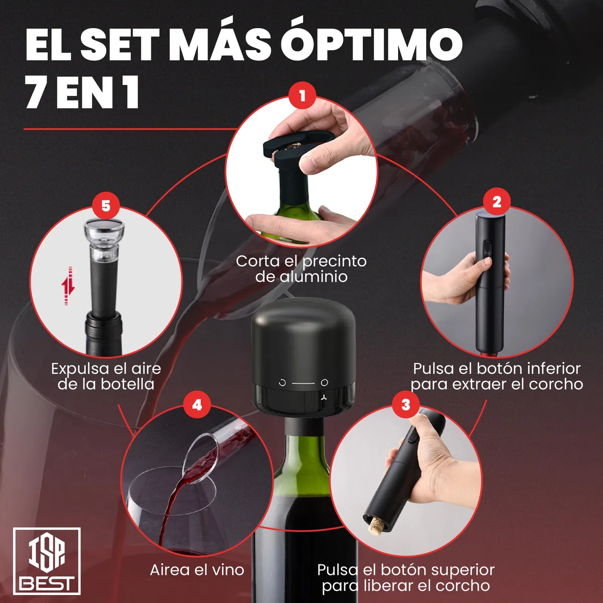 Sacacorchos Eléctrico Profesional 7 en 1 |Set de Vino Premium | Abridor de Vino Automático con Aireador + Vertedor + 2 Tapones Vacío | Regalos para Hombres | USB Recargable (Versión 2025)