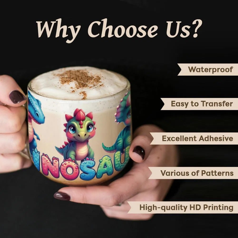 Peacoblue Calcomanías de transferencia UV DTF con patrón de dinosaurios, 10 hojas de calcomanías de transferencia de vinilo personalizadas impermeables de 16 onzas para taza de café, vaso, botella