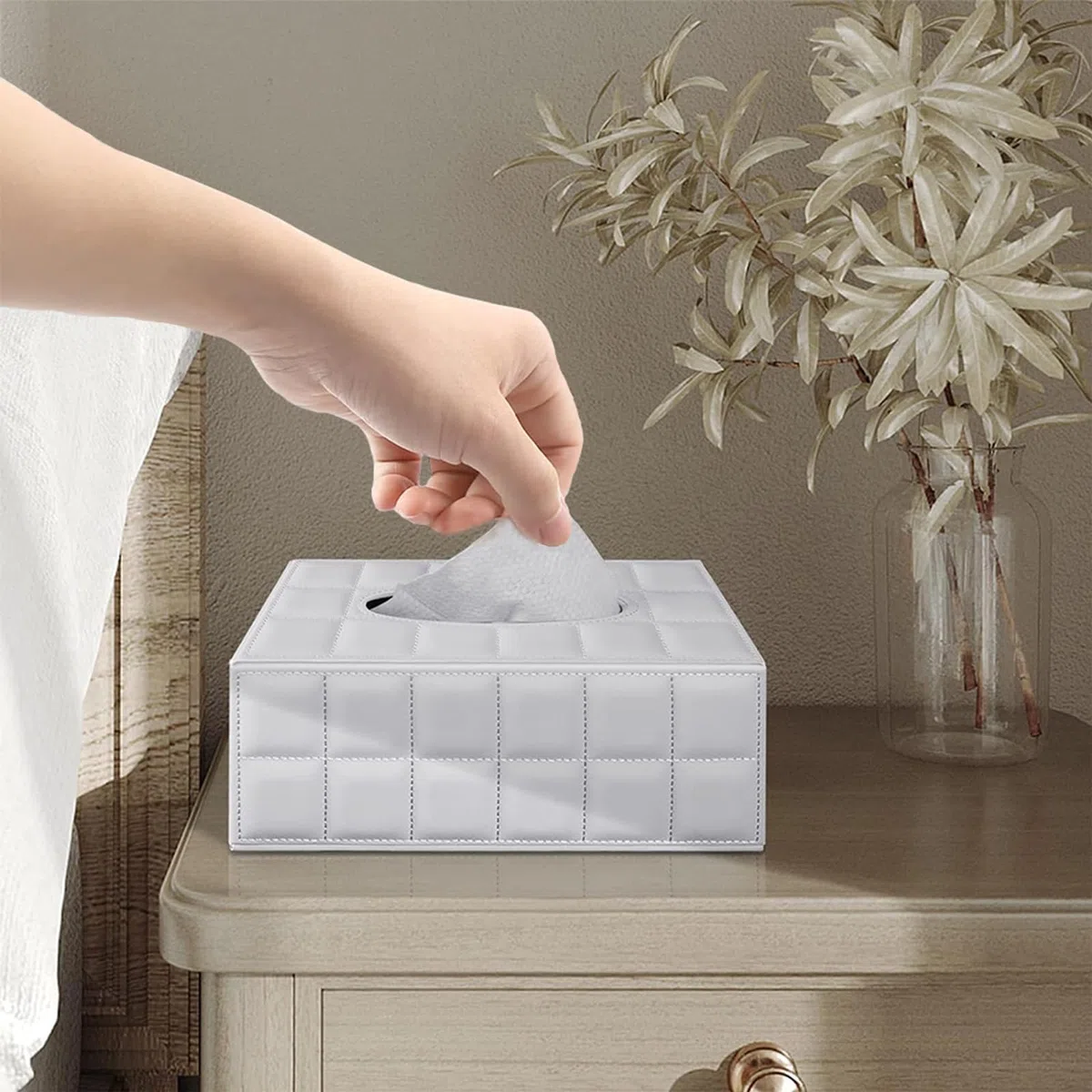 Portapañuelos de Papel in Cuero,Rectángulo Caja de Pañuelos de Papel,con Fijación Magnética,Servilletero para la Oficina en Casa,Decoración de Coche Automotive,Blanche