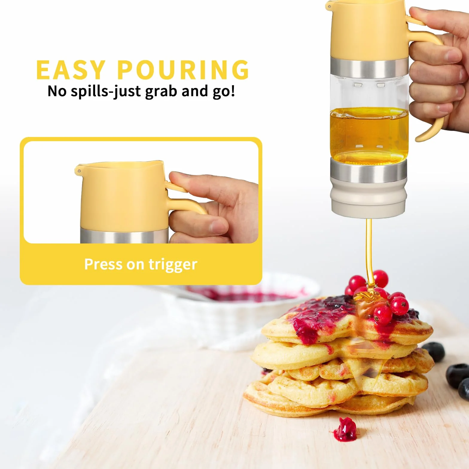 BigKing Dispensador de Jarabe, dispensador de Jarabe con tapas superiores e inferiores extraíbles, dosificador de Jarabe de vidrio borosilicato alto, transparente (Amarillo(350ml))
