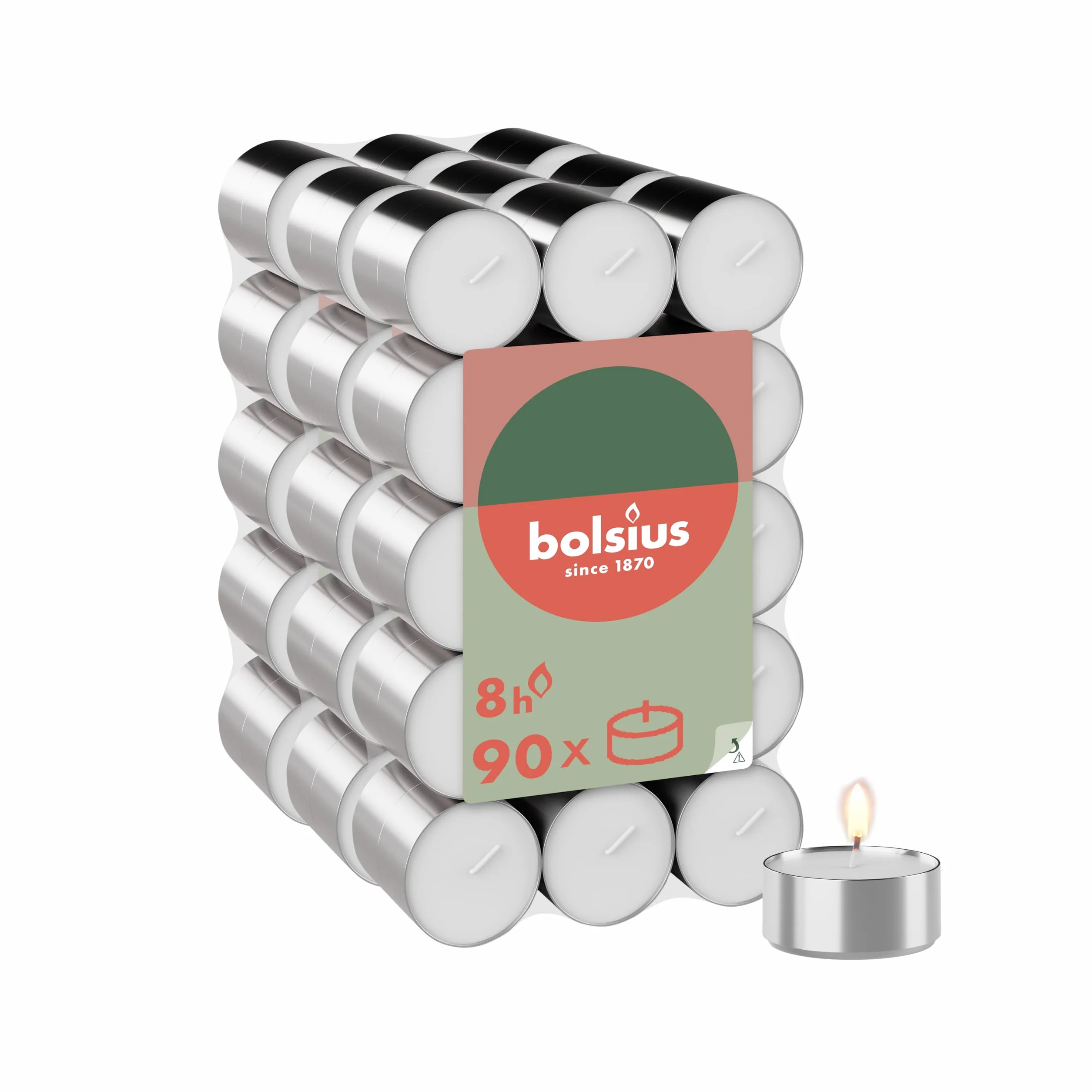 Bolsius - Paquete grande de velas de té - 90 unidades - 8 horas de combustión - blanco - duración de combustión - Velas decorativas para el hogar - Sin aceite de palma - Quema limpia