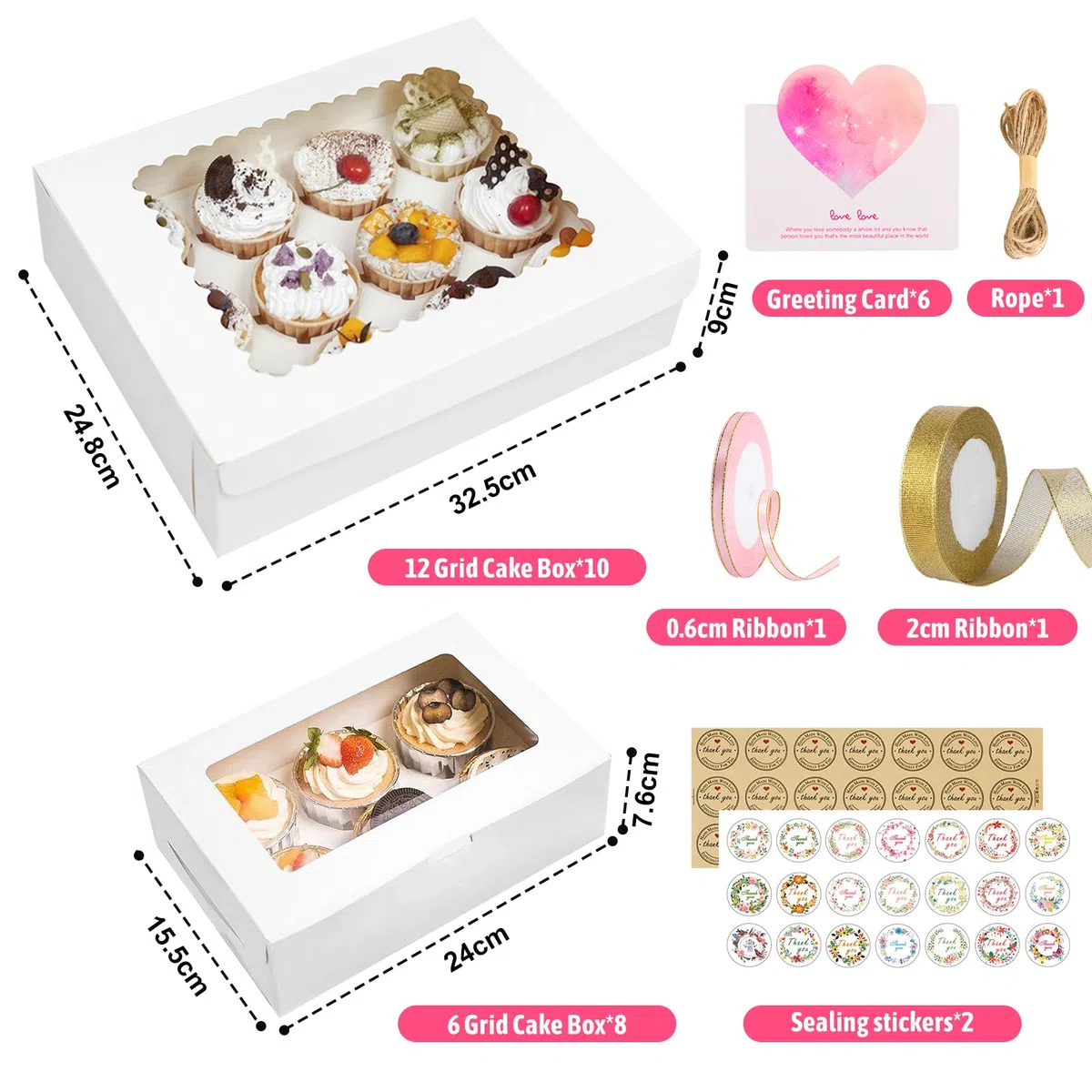 Paquete de 18 Cajas Para Cupcakes,Cajas para Magdalenas Ventana Transparente con cuerda y cinta,para Guardar/Transportar Galletas Magdalenas Cupcakes Postres Tartas
