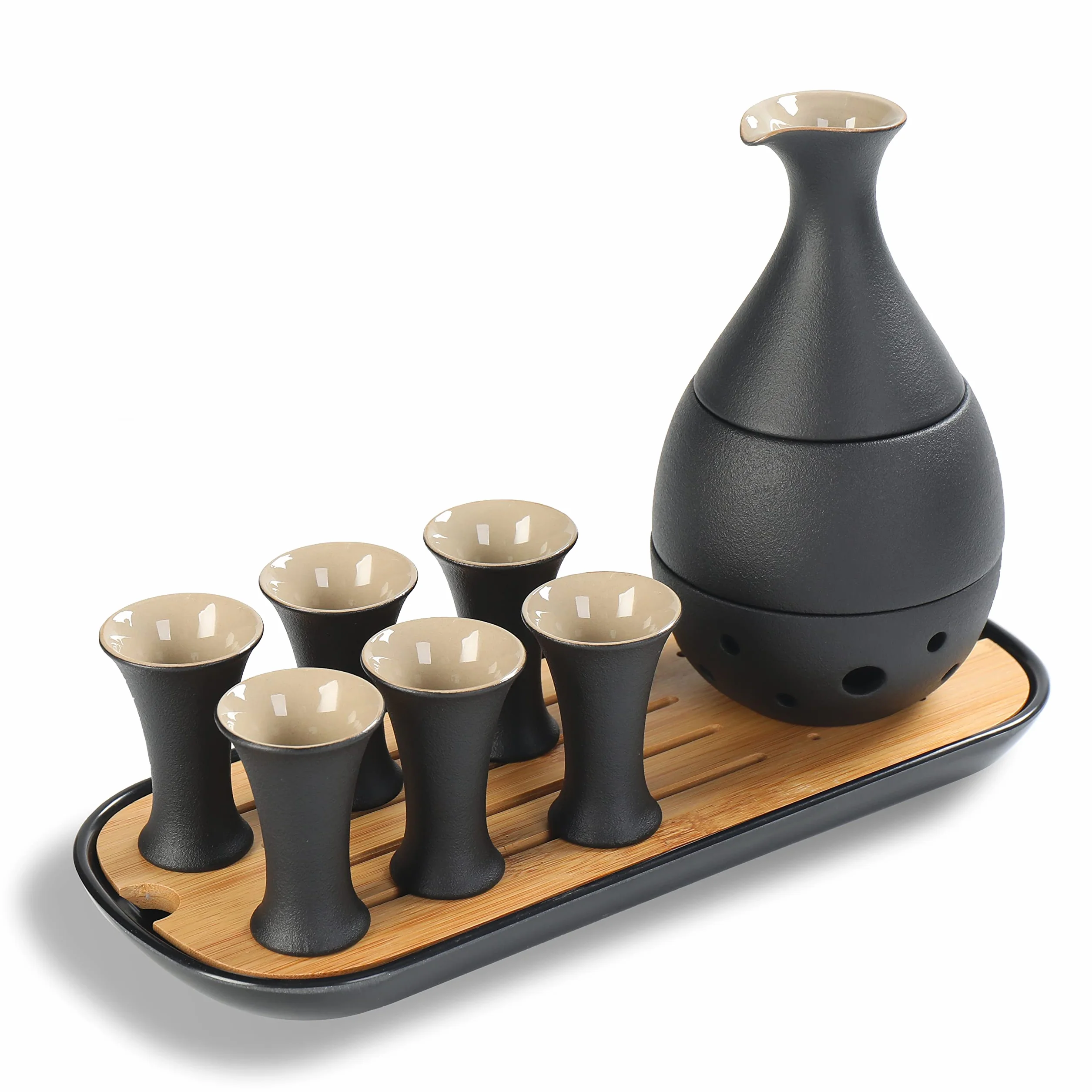 Juego de sake japonés tradicional TEANAGOO, jarra de sake (170 ml) con 6 tazas de sake (25 ml) para licor de soju japonés frío o caliente con juego de bandejas de bambú para servir 10 piezas/juego