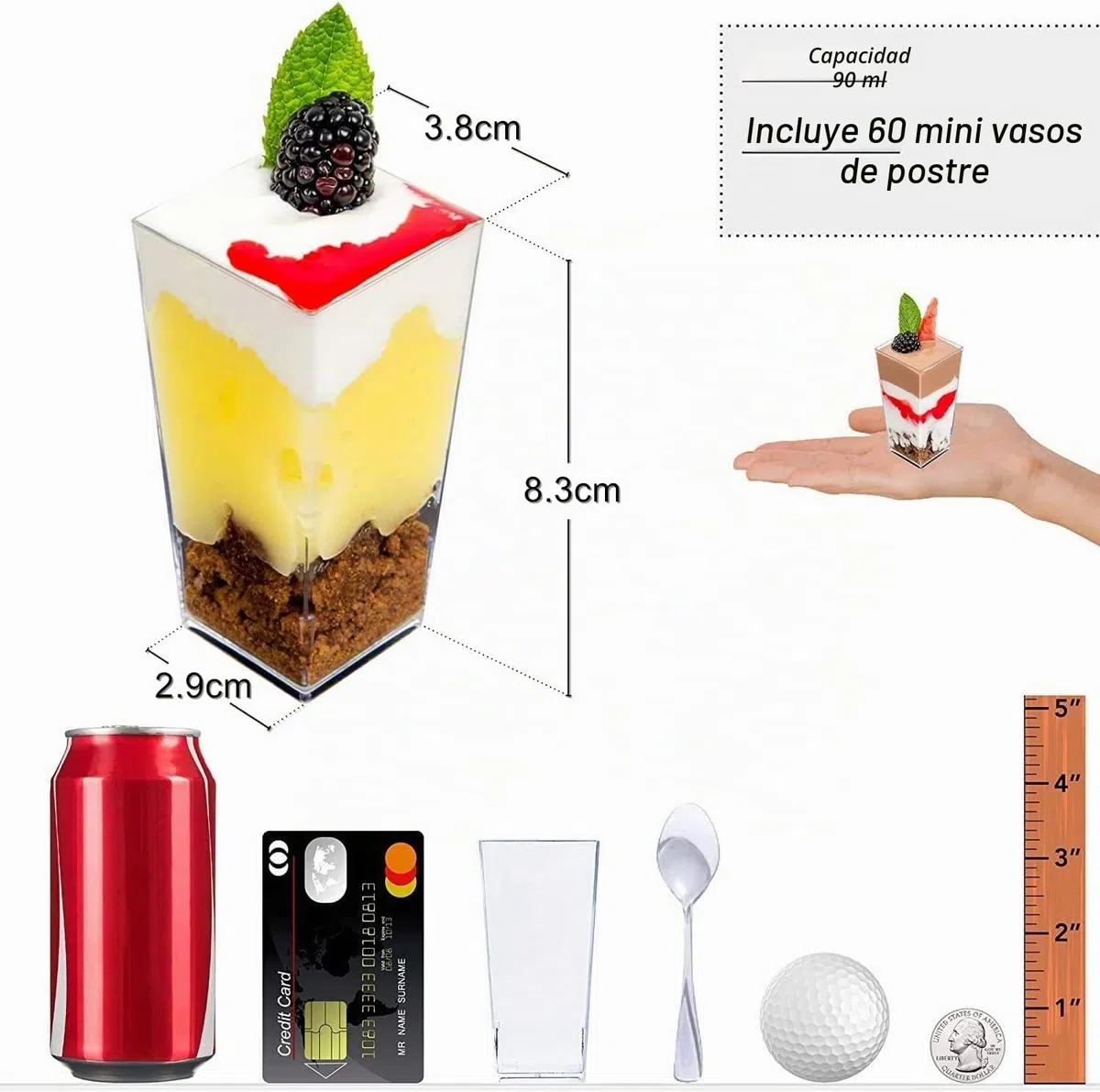 KAHEIGN 60 Piezas Mini Tazas de Postre, 90ml Vasos de Postre Altos Cuadrados de Plástico Copa de Aperitivo de Parfait Transparente Tazón para Servir Reutilizable para Mousse Pudín (3,8 x 8,3cm)