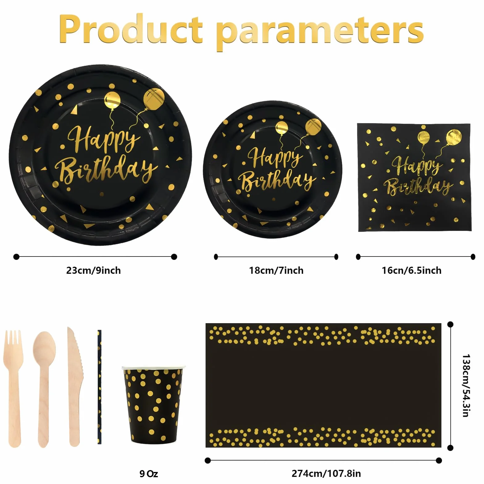 Cumpleaños Vajilla de Fiesta,193 Pcs Oro Negro Vajilla Set Platos Fiesta Tazas Servilletas Cuchillos Tenedores Cuchara y Mantel, para todo tipo de Fiestas Temáticas -24 invitados