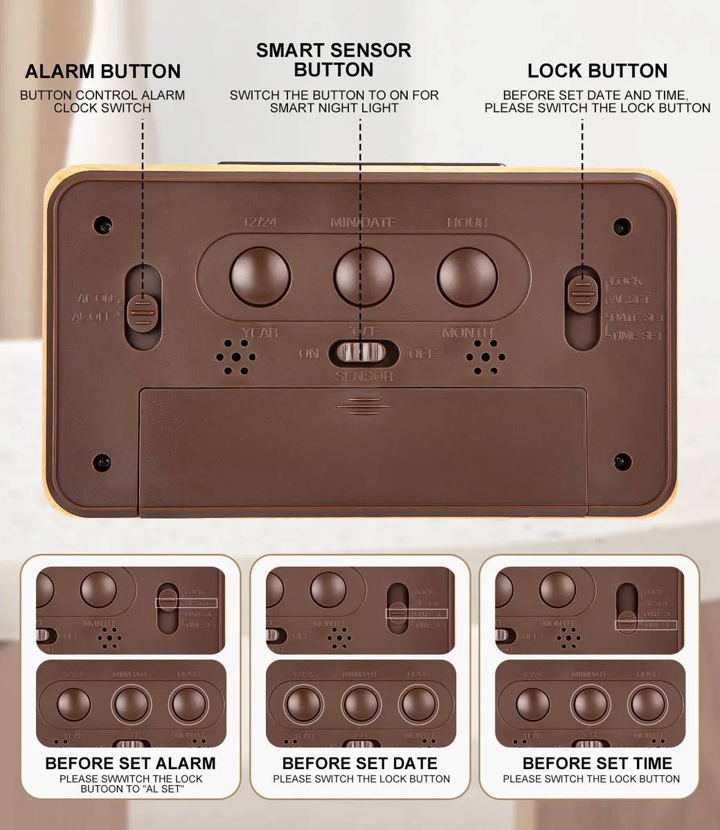 Despertador Digital, Despertador de Madera con Gran Pantalla, Reloj de sobremesa con módulos sensores, Reloj Digital con módulos Snooze, 12/24 Horas, Fecha, visualización de Temperatura,