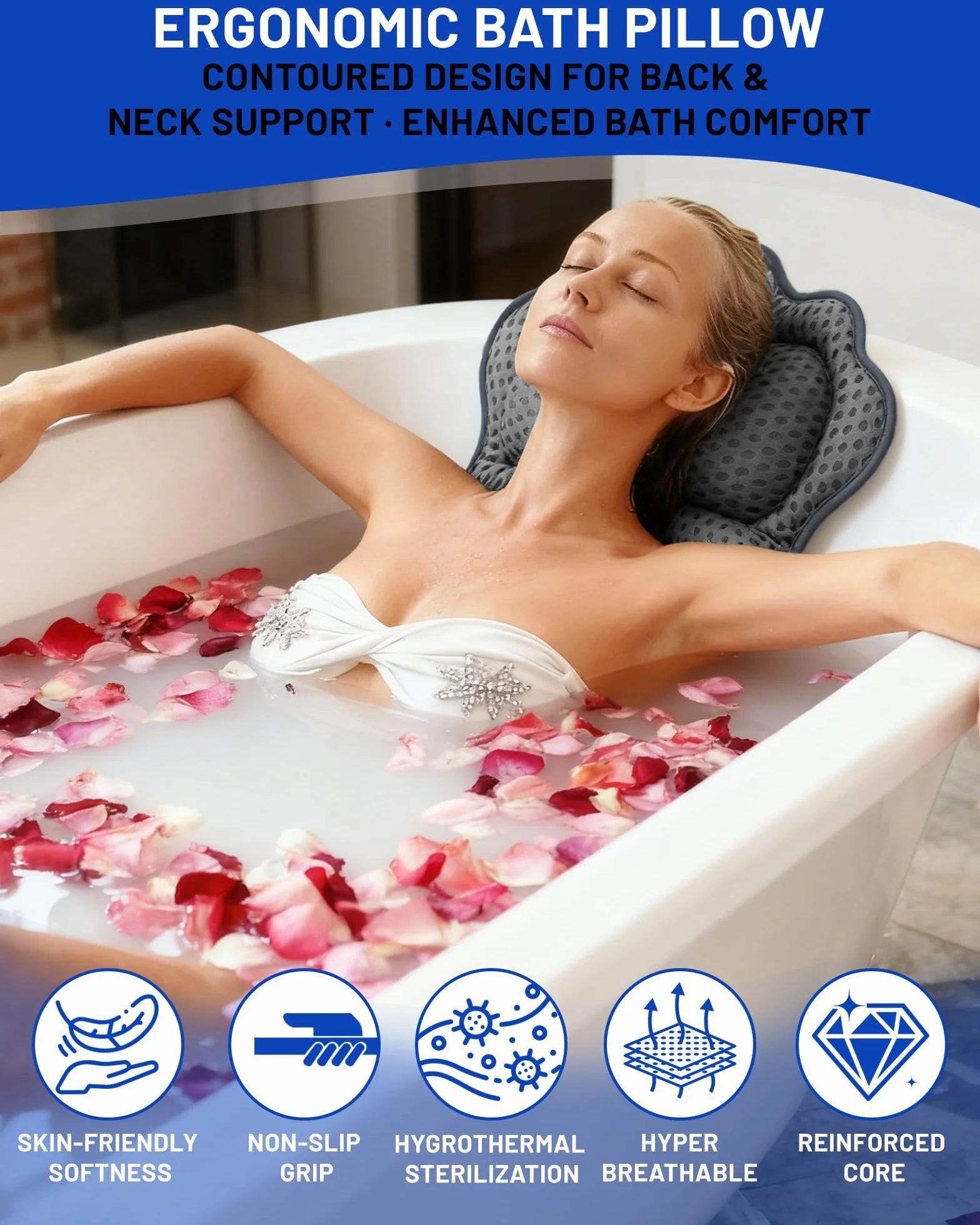 Almohada para Bañera, Almohada de Baño, Cojín de Bañera con 6 Ventosas Antideslizantes, Malla 4D, Almohada Bañera para Cuello, Cabeza y Hombros