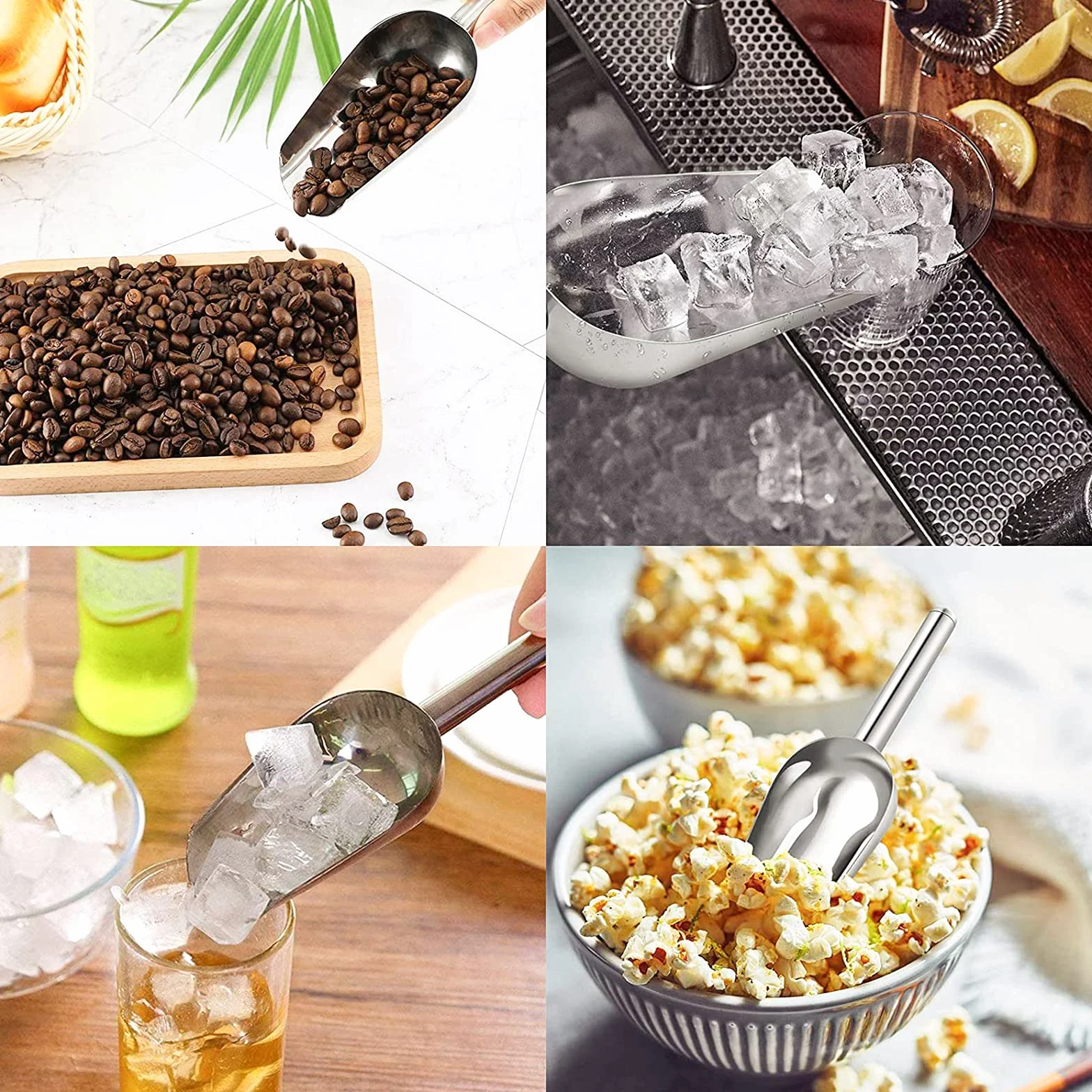 Juego de 4 palas de hielo, acero inoxidable, multiusos para caramelos, cubitos de hielo, cereales, nueces, bar, buffet, fiesta, boda (plateada)