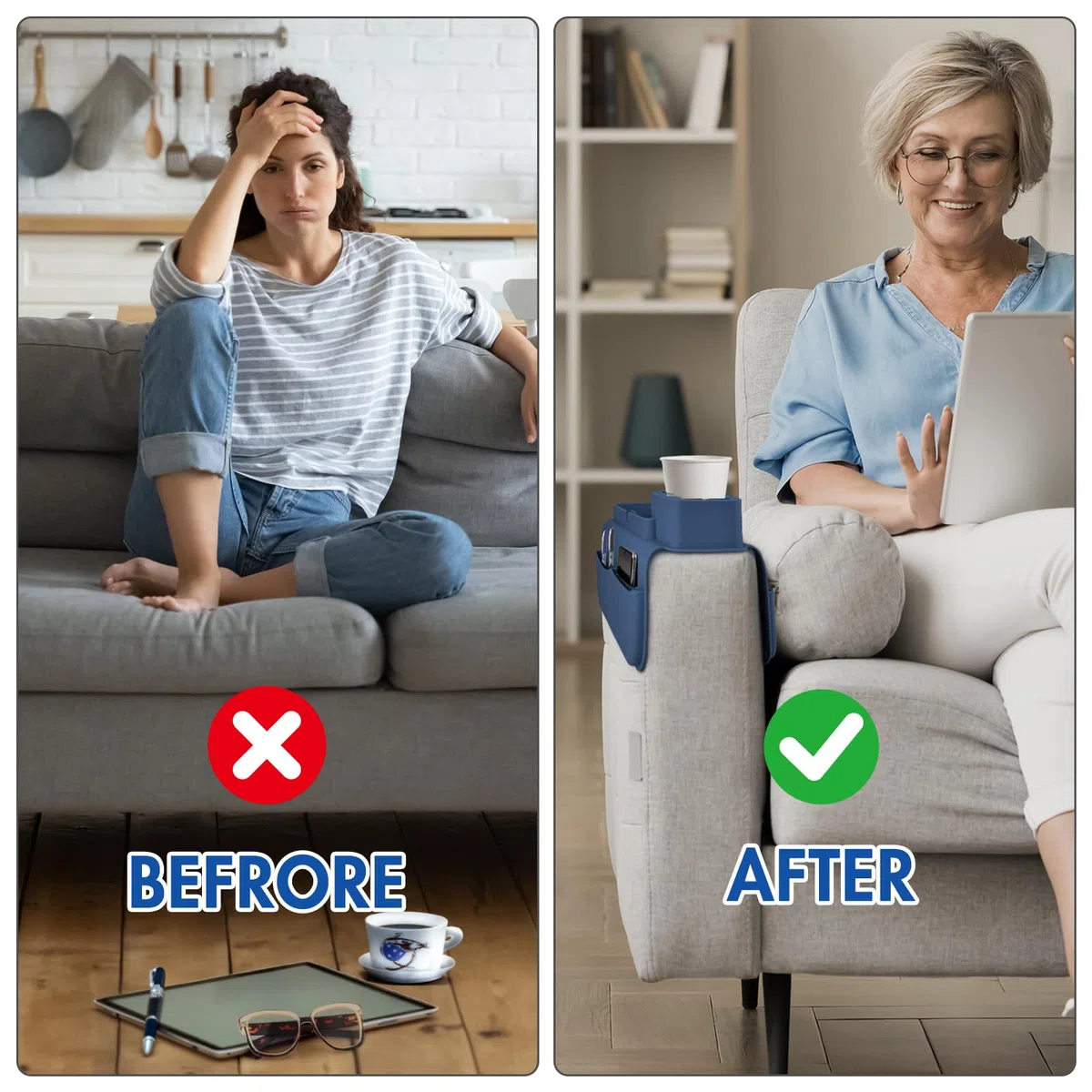 Reposabrazos Sofa Silicona Antideslizante, Bandeja Sofa con Soporte Móvil y Tablet, Organizador de Mando, Bandeja Reposabrazos Sofa de Brazo con Portavasos, Impermeable para Bebidas (Blue)