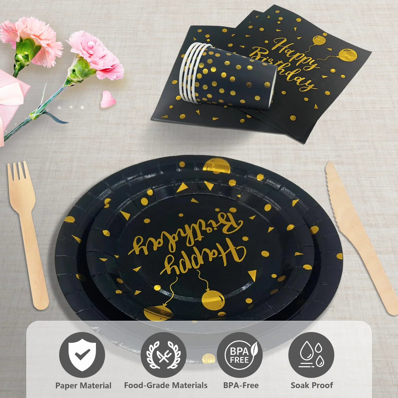 Cumpleaños Vajilla de Fiesta,193 Pcs Oro Negro Vajilla Set Platos Fiesta Tazas Servilletas Cuchillos Tenedores Cuchara y Mantel, para todo tipo de Fiestas Temáticas -24 invitados