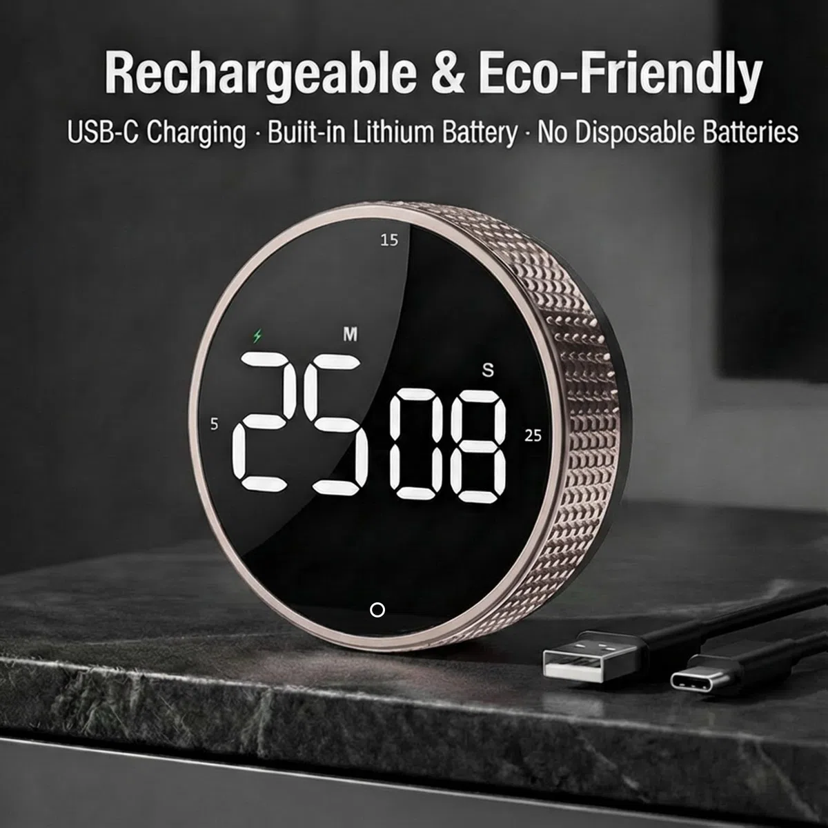 Temporizador de cocina digital magnético recargable con pantalla LED grande, alarma fuerte, 3 ajustes preestablecidos (5/15/25 min), 3 niveles de volumen, ideal para cocina, fitness y oficina (Marrón)
