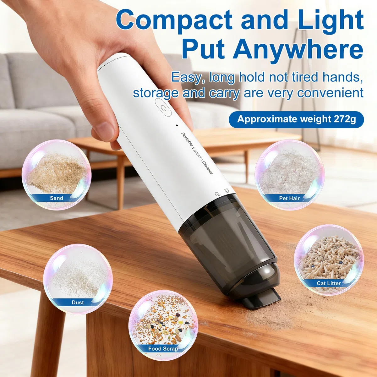 Aspirador de Mano Inalámbrico, Aspirador de Coche Portátil con Filtro HEPA, 2 Modos de Succión, Mini Aspirador de Mano para Coche, Hogar, Pelo de Mascotas, Escritorio, Teclado (Blanco)