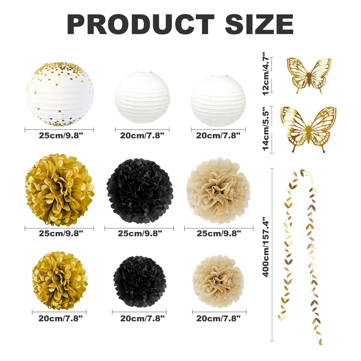 Kit de Decoración para Fiesta Negro y Dorado 18 Piezas Pompones de Papel de Seda, Farolillos de Papel Redondos Guirnaldas de Hojas y Mariposas para Cumpleaños, Boda, Graduaciones Baby Shower