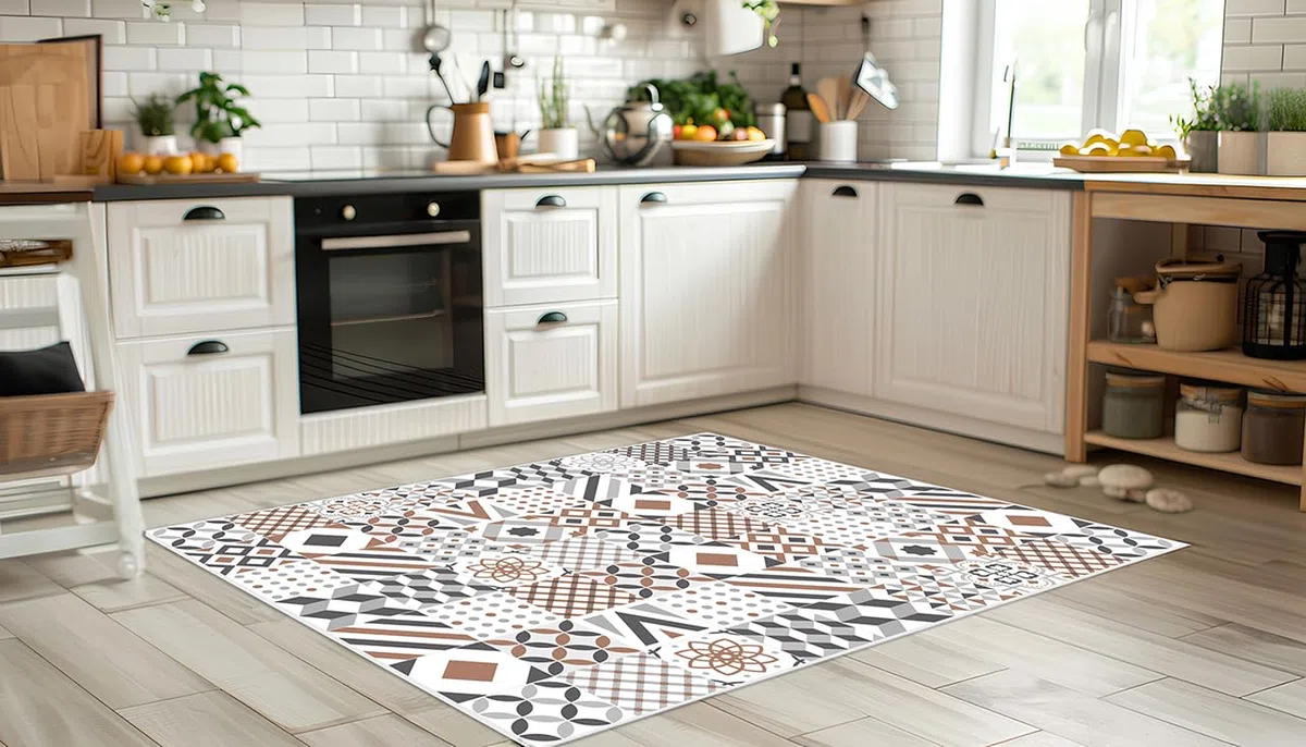 DobleUve Estudio Alfombra Vinílica Hidráulica 18 en Marrón 47x80 cm | Antideslizante y Lavable para Cocina, Terraza y Salón
