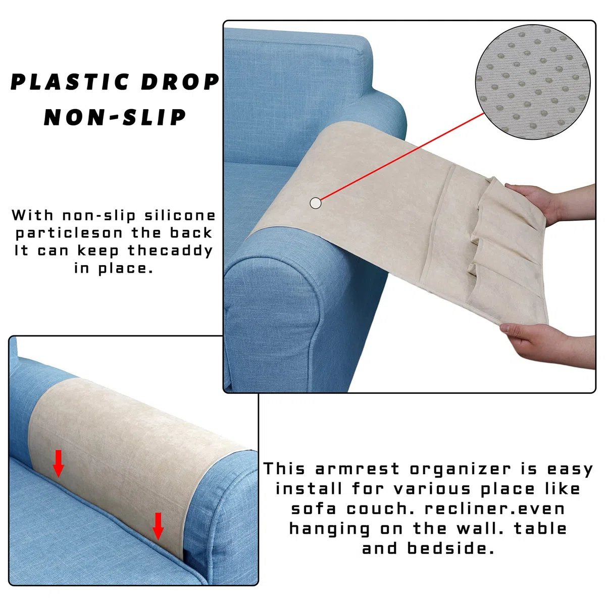 N\B NB NB Organizador para reposabrazos de sofá, organizador de mesita de noche con 5 bolsillos, soporte antideslizante para control remoto de sofá, accesorios para sillón (35 x 12.4 pulgadas, beige)