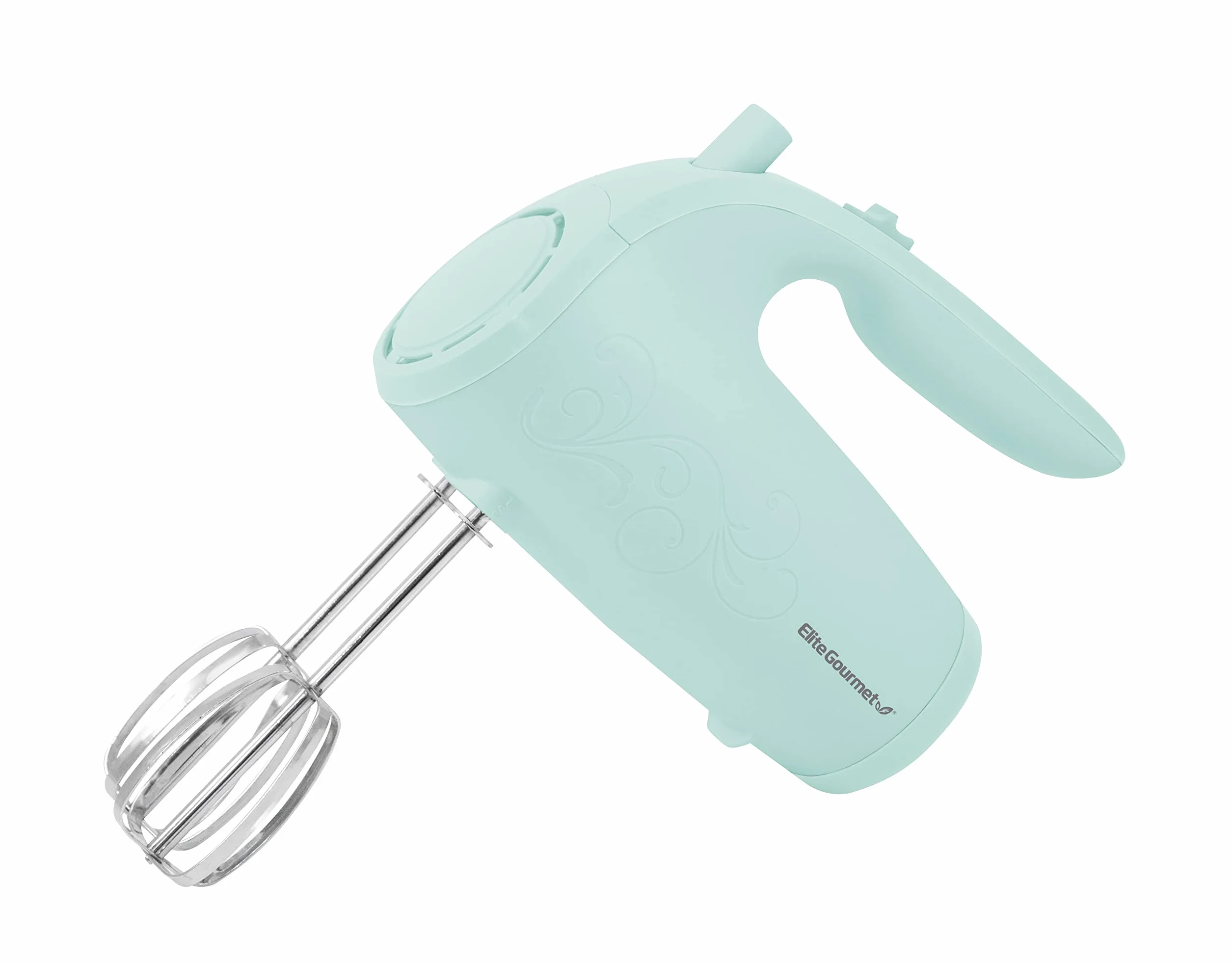 Elite Gourmet EHM003M Batidora de mano eléctrica Ultra Power, 5 velocidades, 2 varillas extraanchas de acero inoxidable, mezclas cremosas y suaves, práctico almacenamiento del batidor, azul menta