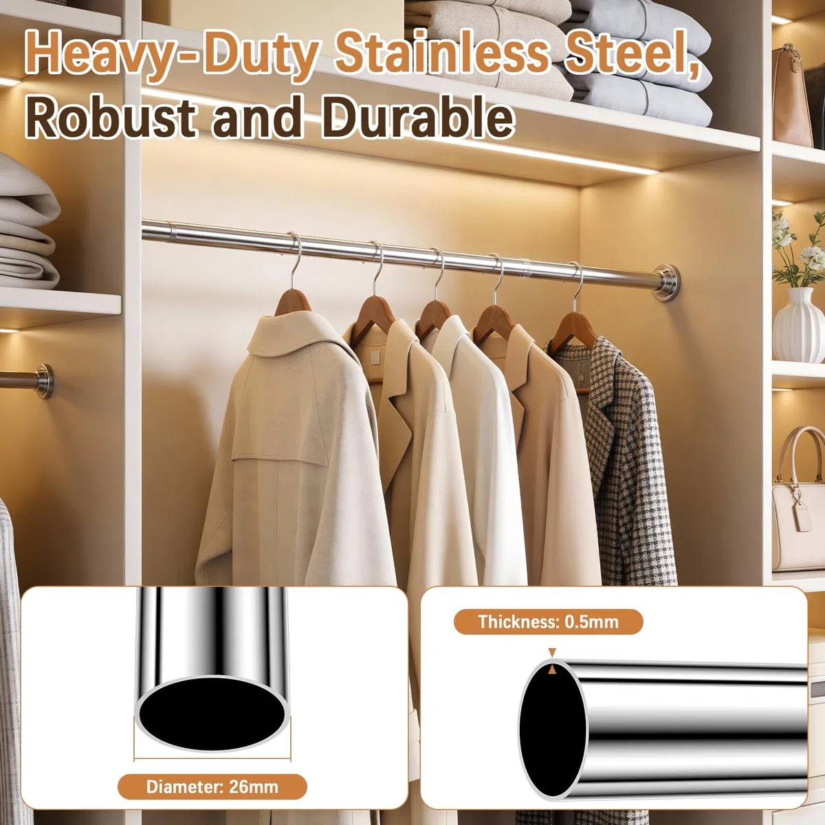 Barra Cortinas Ducha Extensible, Sin Taladros Barra Ducha Palo Cortina 70-195cm, Antióxido y Antideslizante Acero Inoxidable, Barra de Tensión para Baño, Dormitorio, Armario, Puerta