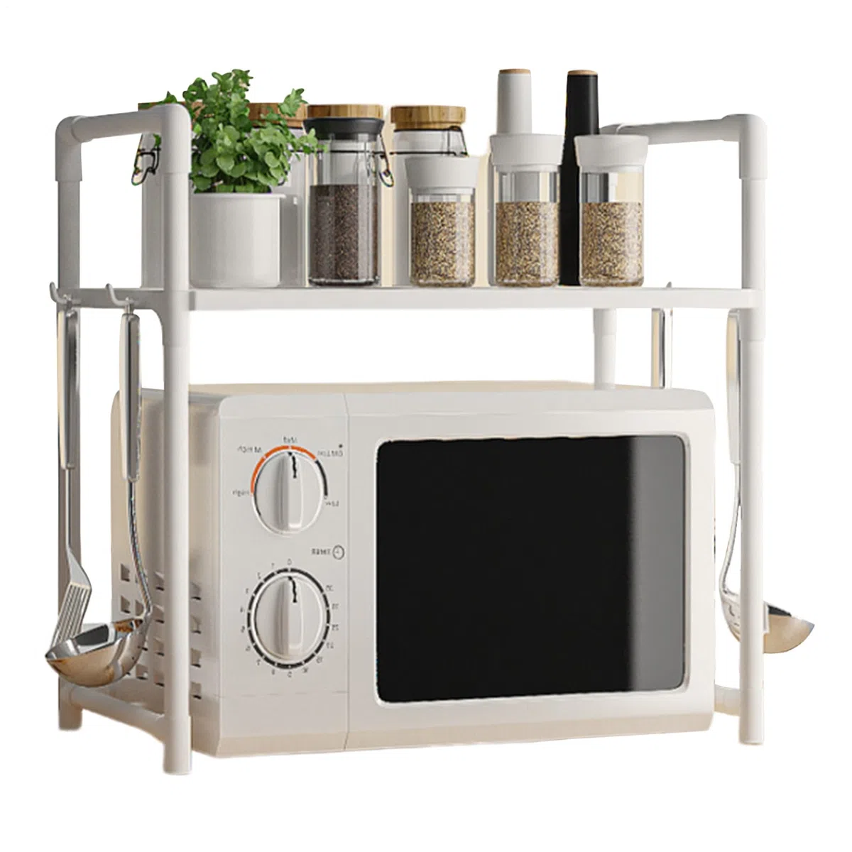 Soporte Ajustable Para Microondas | Soporte Para Microondas Con Ganchos Y Estante Doble | Estante Ampliado De Dos Niveles Para Especias Y Máquina De Pan, Multiusos Para Hogar
