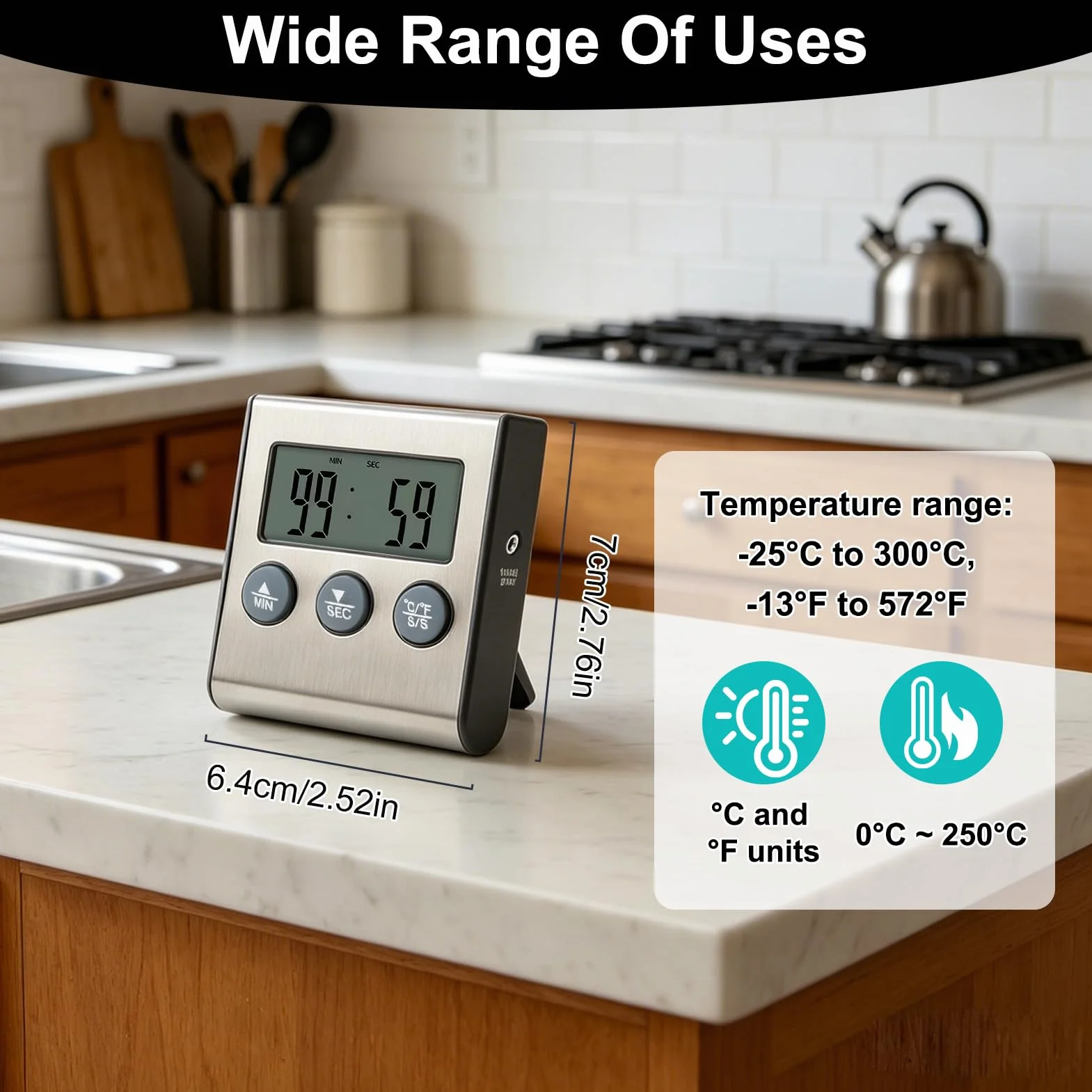 Termómetro Digital para Carne y Barbacoa con Pantalla LCD Grande, Sonda de Acero Inoxidable y Temporizador, Termómetro de Cocina paraHorno, Ahumador, Parrilla y BBQ