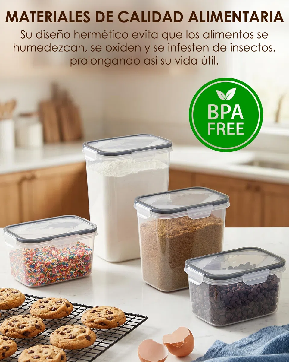 Recipientes herméticos para alimentos con tapa, 9 unidades, tapers para comida hermético, botes cocina almacenaje, tarros y tupers herméticos de plástico, ideal para harina, arroz, pasta y cereales