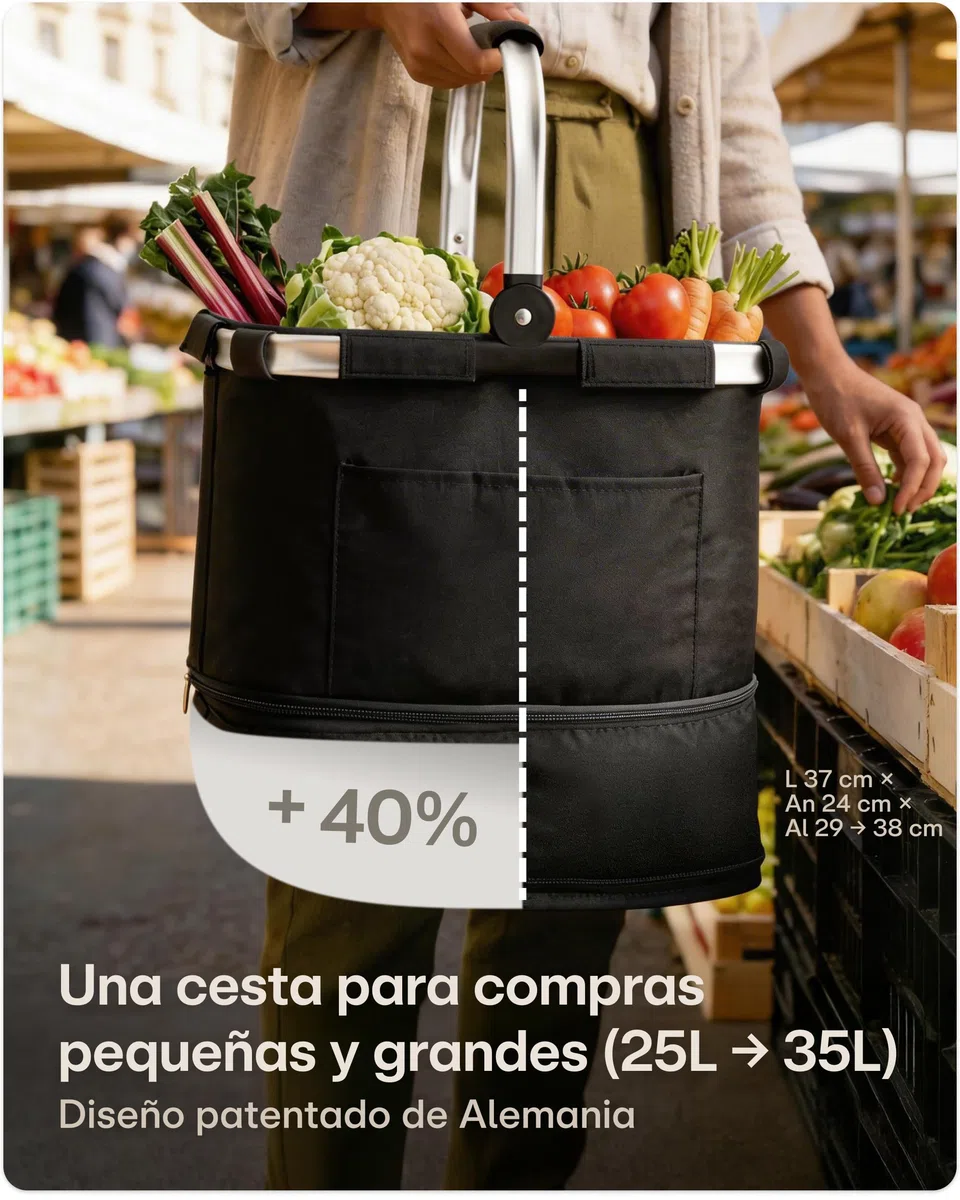 Praknu Cesta de La Compra Plegable Grande – 2 en 1 Expandible de 25L a 35L – Tejido Lavable – Estable con Marco de Aluminio y Base Reforzada – Bolsillos Extra Interiores y Exteriores – Negro