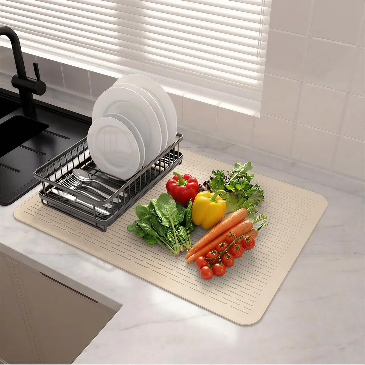 Alfombrilla de silicona para platos extragrande, 70 x 50 cm, antideslizante, resistente al calor, fácil de limpiar, alfombrilla de drenaje para cocina, encimera, fregadero, refrigerador, etc. (Beige)