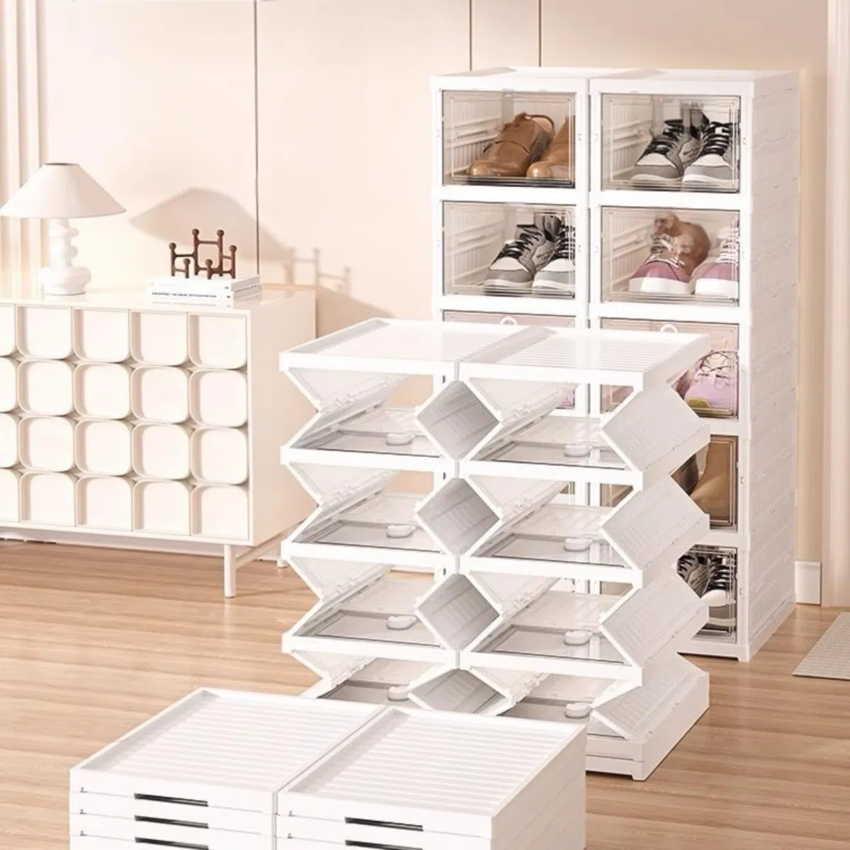 6 Niveles Sin Instalación Cajas de Zapatos Transparentes Plegables, Armario de Zapatos anti-Polvo Puerta, Cajas de Zapatos Ahorradoras de Espacio, Armario de Zapatos para Muchos Zapatos CAJON 6P