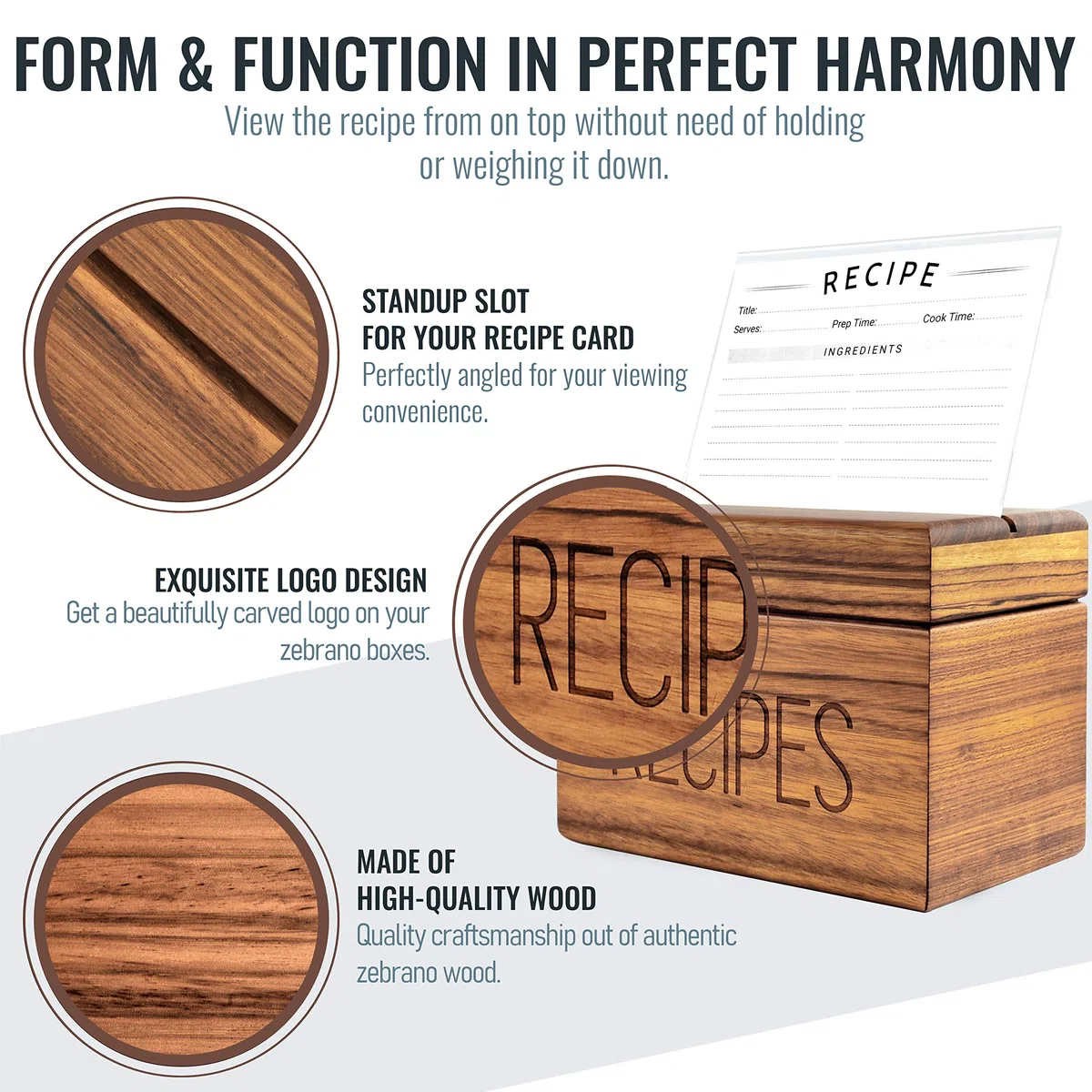 Apace Living Apace - Caja de recetas con tarjetas y separadores - Caja de madera de estilo vintage de 4 x 6 pulgadas, exclusiva de la colección Premier, se adapta a 240 tarjetas (cebrano)