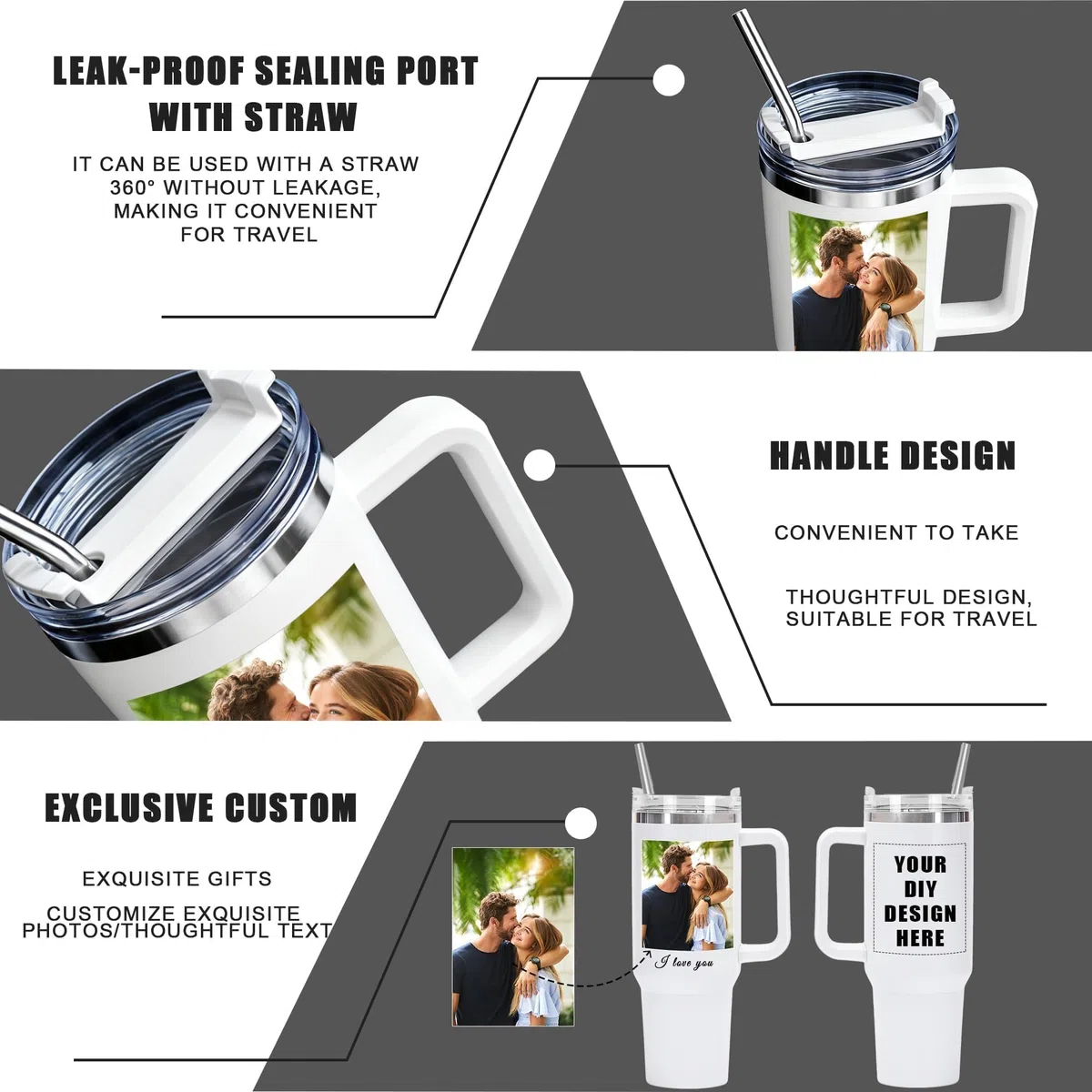 Vaso personalizado de 40 oz con asa y pajita, taza personalizada con nombre y foto, vaso de café de viaje de acero inoxidable, regalos personalizados para mujeres, San Valentín, cumpleaños