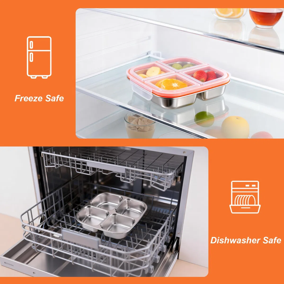 2uds Snack Box Con 4 Compartimentos, Fiambrera Acero Inoxidable Para Adultos, Recipientes Herméticos Para Alimentos, Tapers Para Comida Hermetico Con Tapa (600ML)