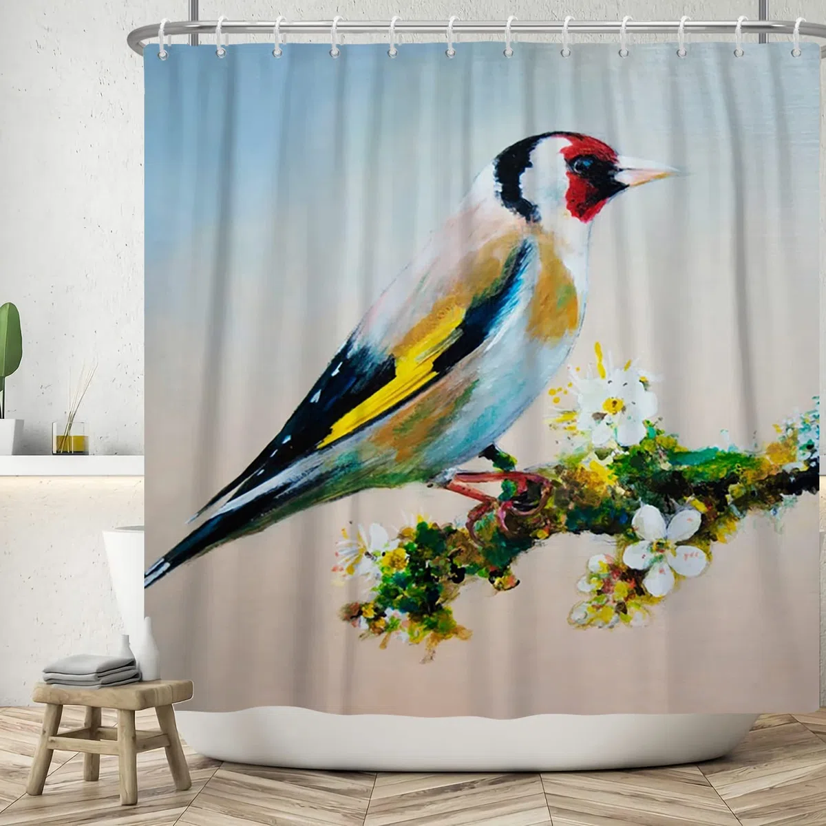 165x180cm Ländlich Vögel Drucken Duschvorhang Stieglitz on Äste Weiß Blume Weinlese Original Öl Klassische Malerei Kunstwerk Badezimmer Vorhang für Badewannen Dekor Sets mit Haken