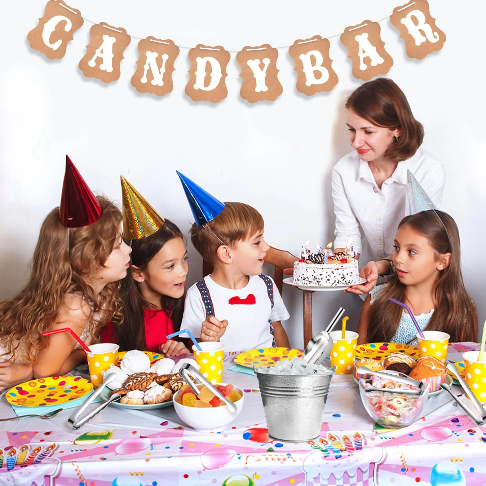 Candy & Bar Accesorios Deko Set, Incluye 6 Pinzas de Azúcar, 2 Palas y 1 Guirnalda Decorativa, Pinzas para cubitos de hielo para bodas y fiestas