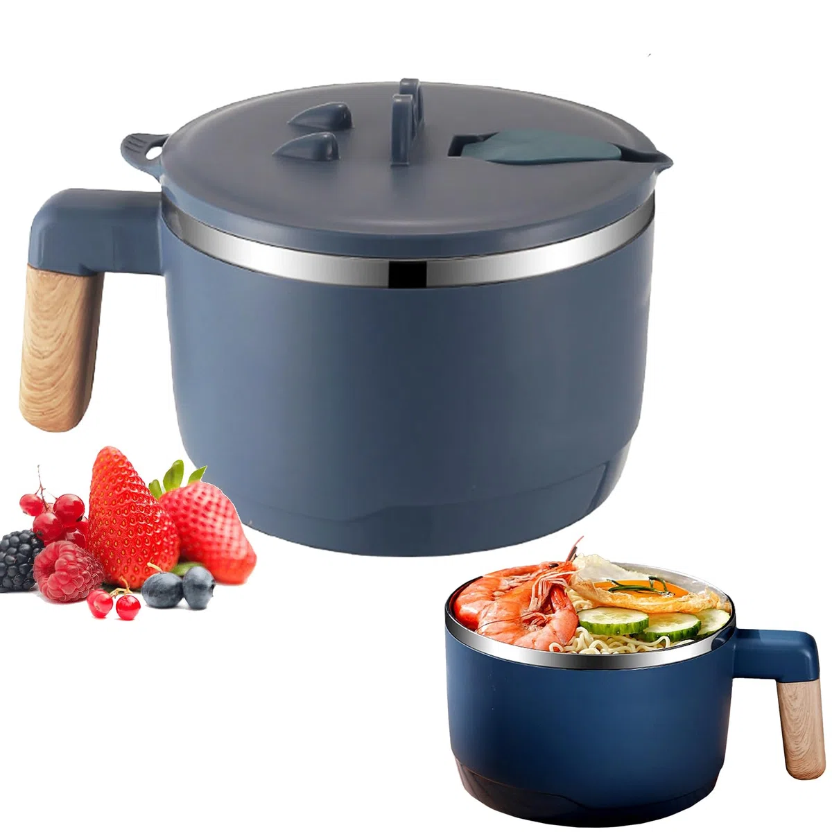 Ramenschüssel Instant, Rostfreier Stahl 1000ML Doppelt Isolierter Sellado Nudelschale mit Deckel, Auslaufsicher, Japanische Sopenschüssel (#A)