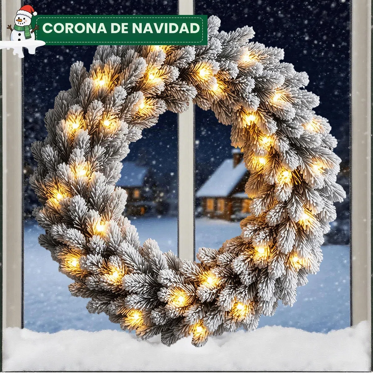 KOIUEYW Corona de 60cm para puerta de Navidad, corona de Navidad para la puerta principal con nieve artificial y LED, corona de adviento artificial creativa con luces, corona de Navidad artificial