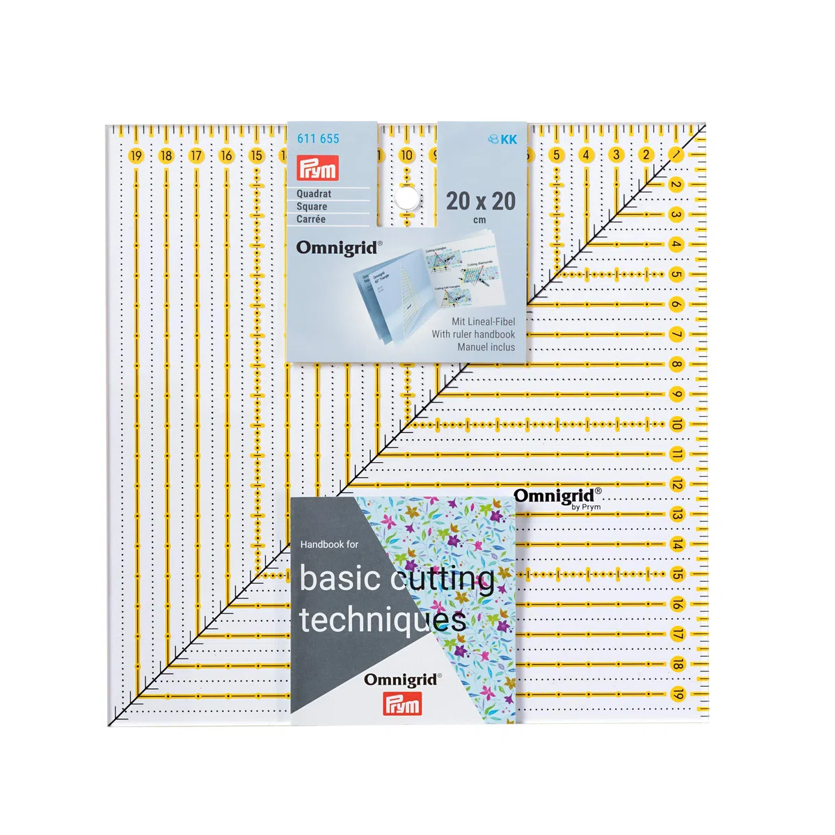 Prym Patchwork-Lineal Square 20 x 20 cm Omnigrid Ruler, Yellow, Transparent