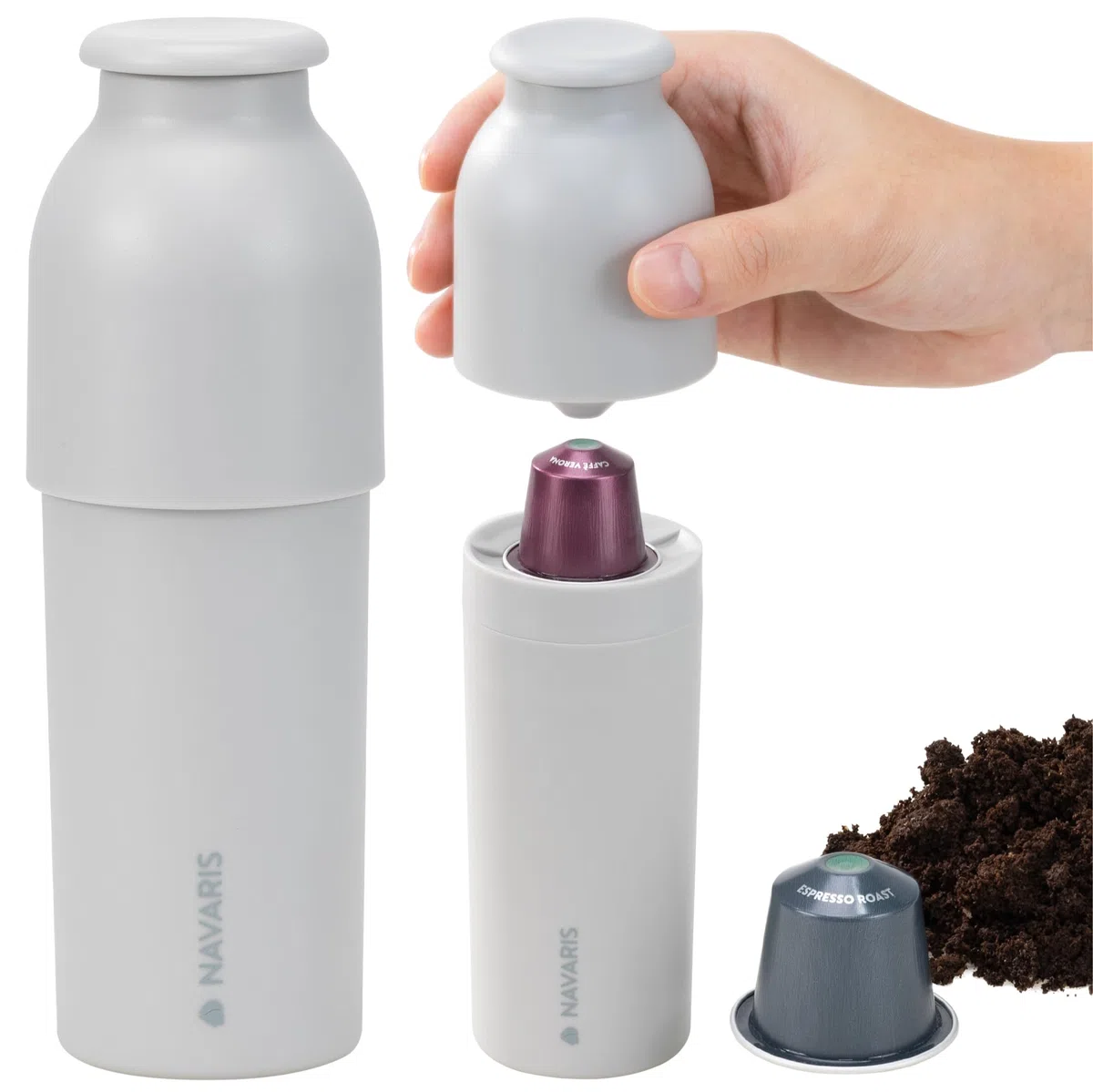 Navaris Reciclador de cápsulas de café - Separa la cápsula de Aluminio - Reciclaje Efectivo - Separador orgánico - Fácil de Usar y Limpiar - Gris