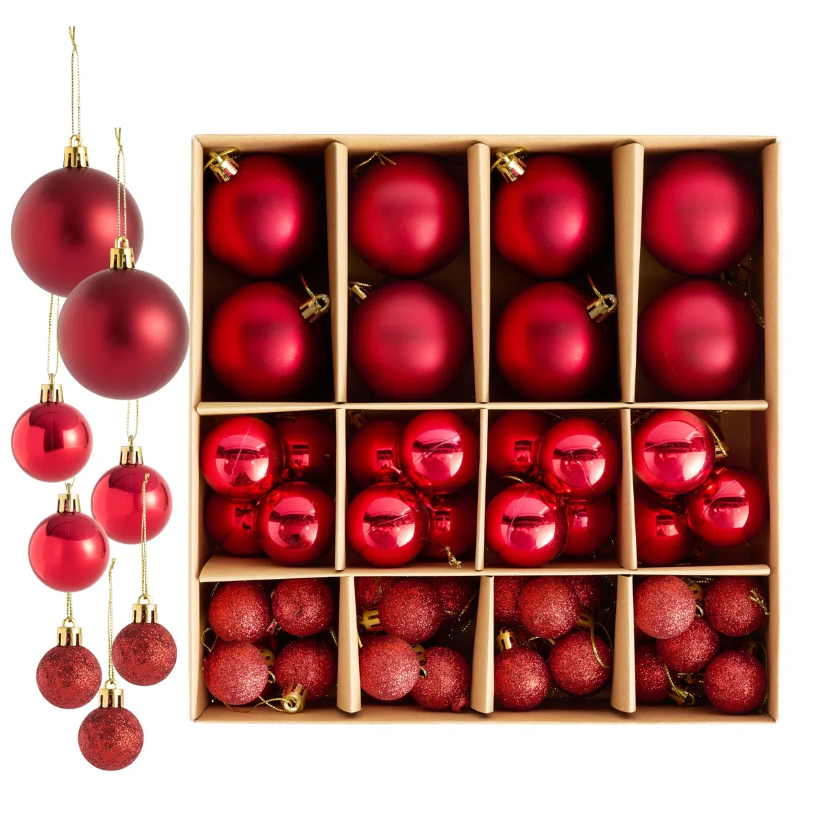 THE TWIDDLERS - Paquete de 50 Bolas de Navidad Rojo Rubí - Tamaños y Acabados Variados - 6cm, 4cm, 3cm - Adornos Mate, Brillantes y con Brillo para Decoraciones de Árbol de Navidad