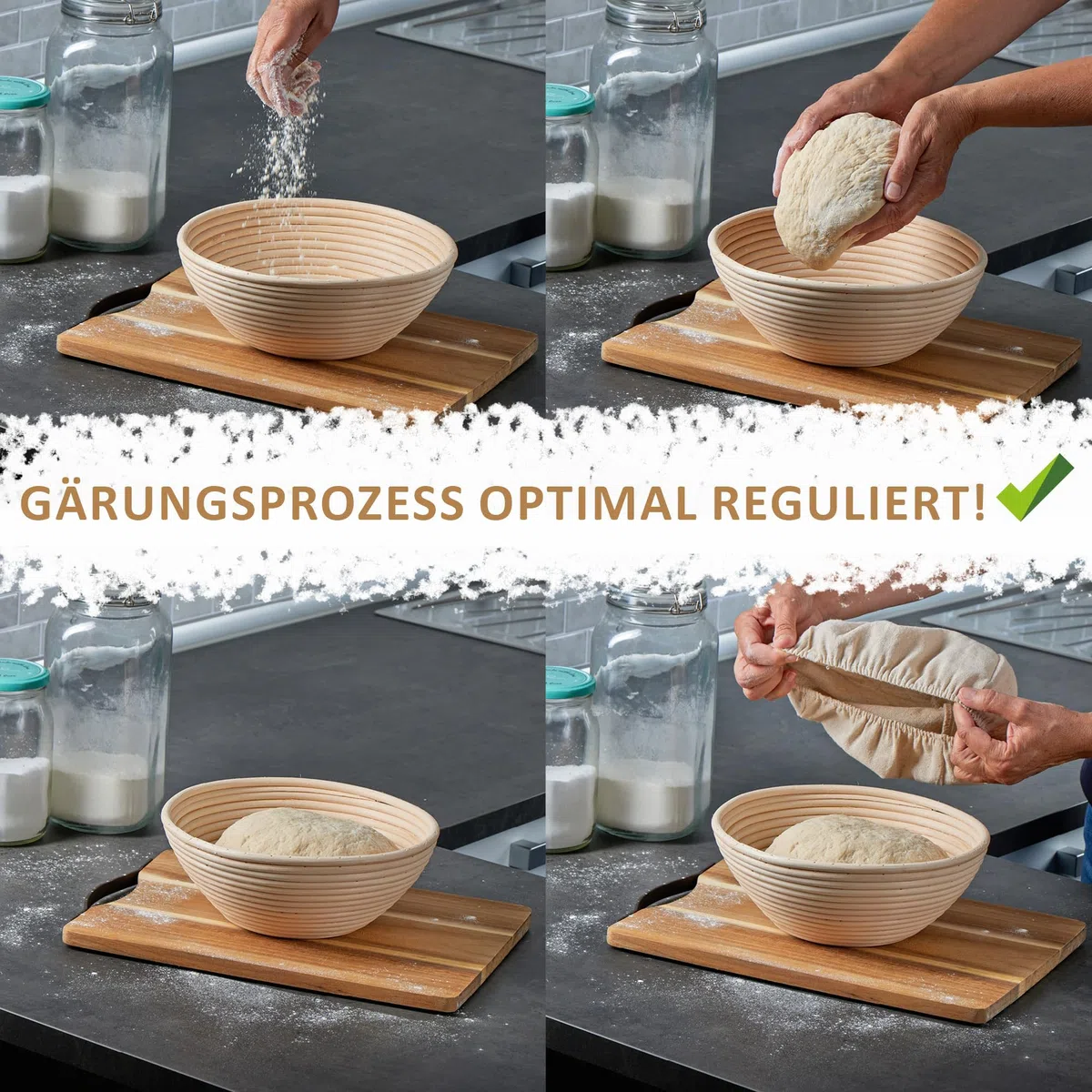 Cesta de fermentación con inserto de lino lavable - cesta de fermentación de mimbre natural - cesta de pan (Cesta de fermentación redonda - 1 pieza)