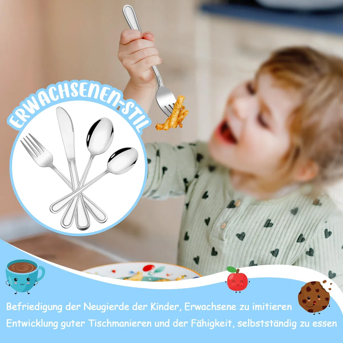 HaWare Cubertería infantil de acero inoxidable, juego de 8 (16, líneas simples)