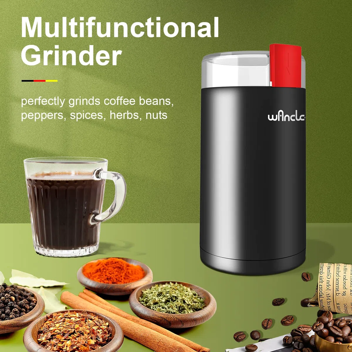 Molinillo de café eléctrico, Wancle molinillo de semillas, Molino de café de un toque (para frijoles, especias, etc.), con cepillo de limpieza (Negro+Rojo)