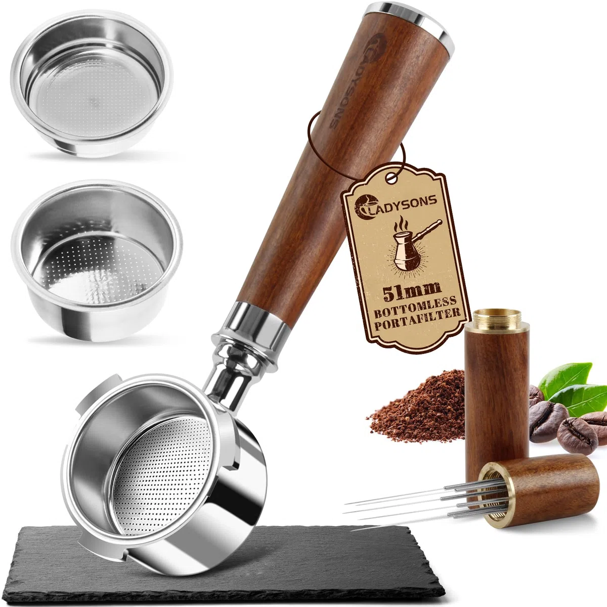Portafiltro sin fondo de 51 mm – compatible con DeLonghi Dedica EC680/EC685, Portafiltros de 51 mm con 2 filtros de acero inoxidable y agitador de café de 5 agujas – 3 Ears