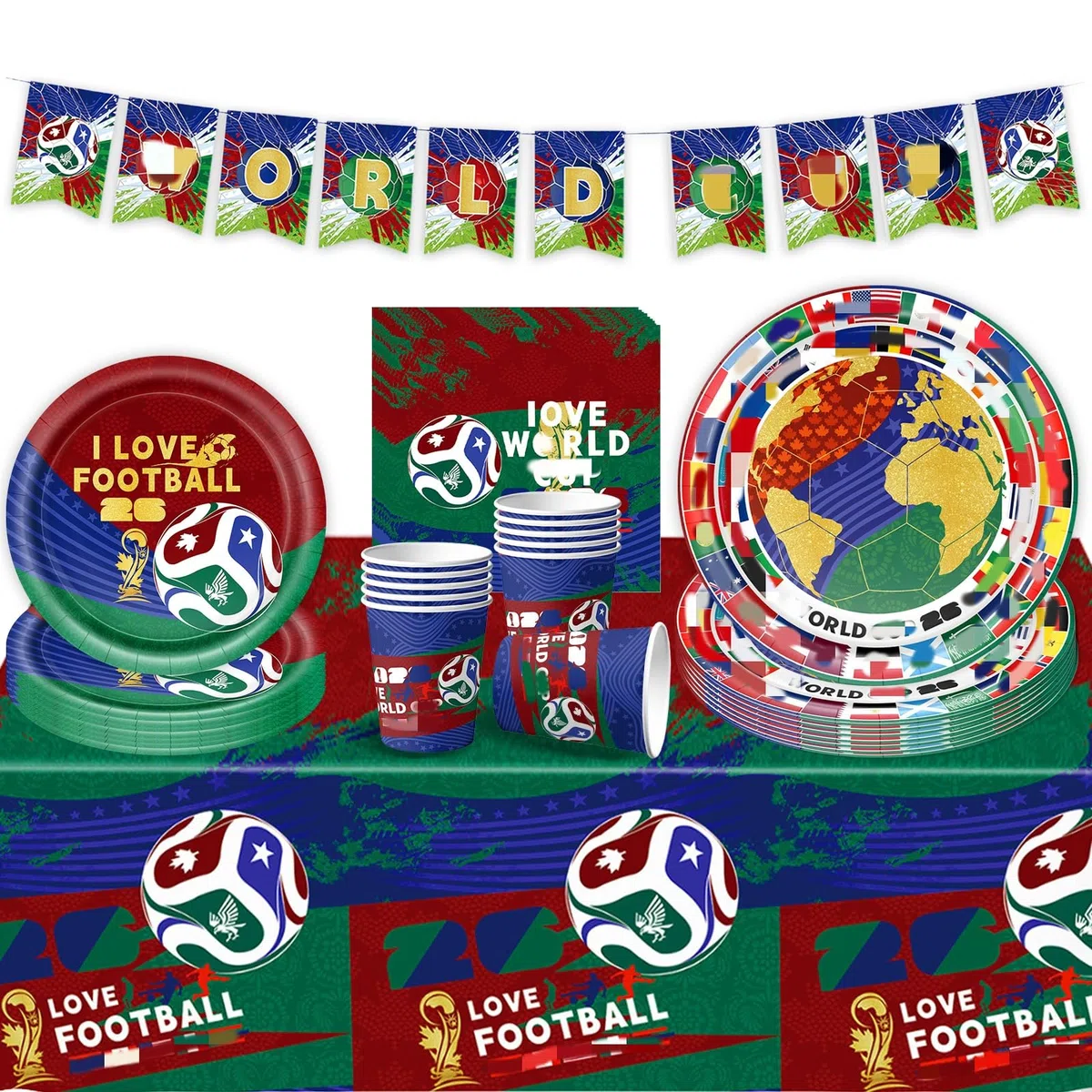 52pcs WM 2026 Juego de Vajilla para Fiesta de Fútbol, Fútbol Party Tableware Set para Cumpleaños Incluye Platos Vasos Servilletas Mantel y Pancarta, para Cumpleaños de Fútbol 10 Invitados