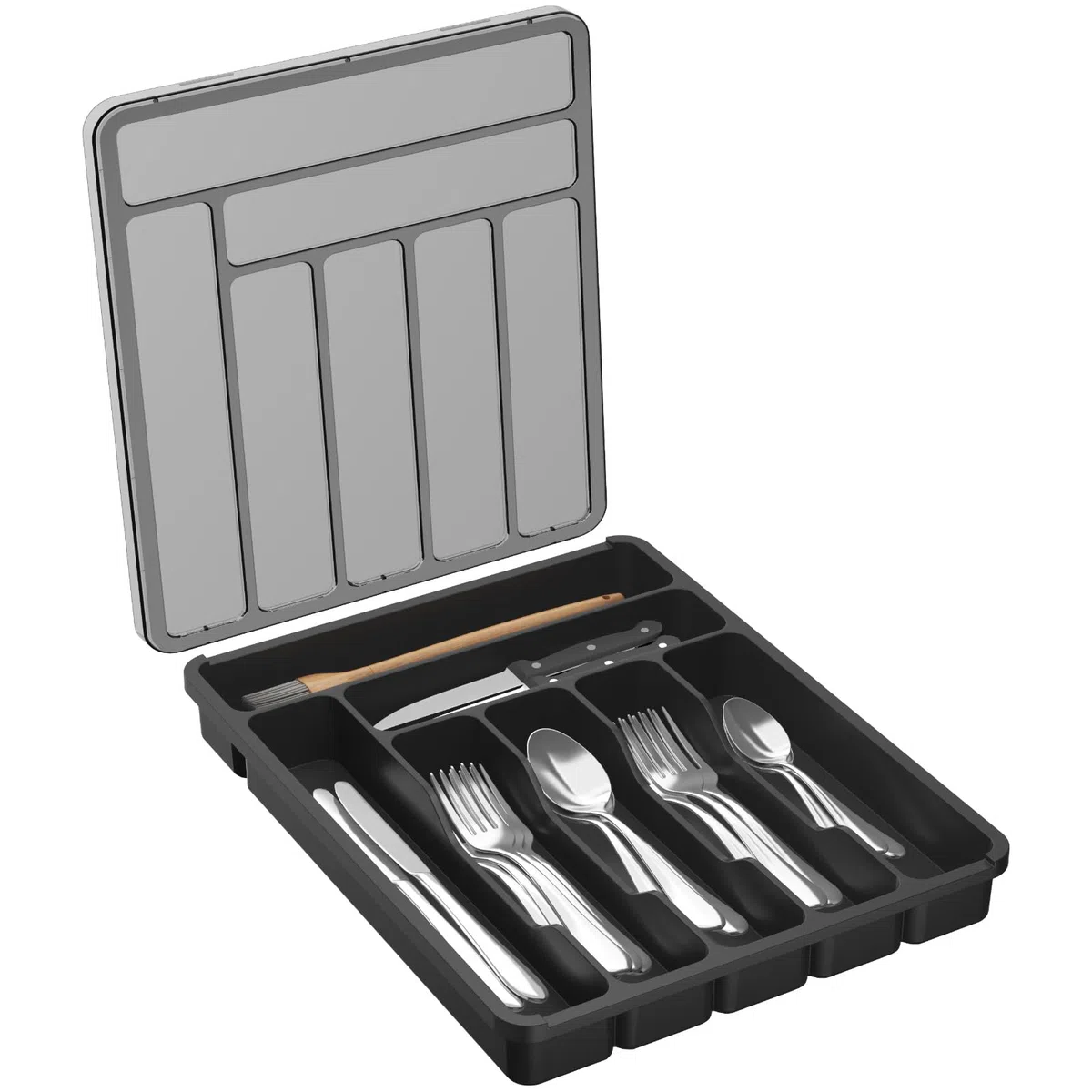 Lifewit Caja de Organizador de Cuberteros Con Tapa, Bandeja Utensilios de Plástico para Cajon Cocina Encimera, Caso de almacenamiento para Cuchillo/Cuchara/Tenedor/Vajilla, 7 compartimentos, Negro