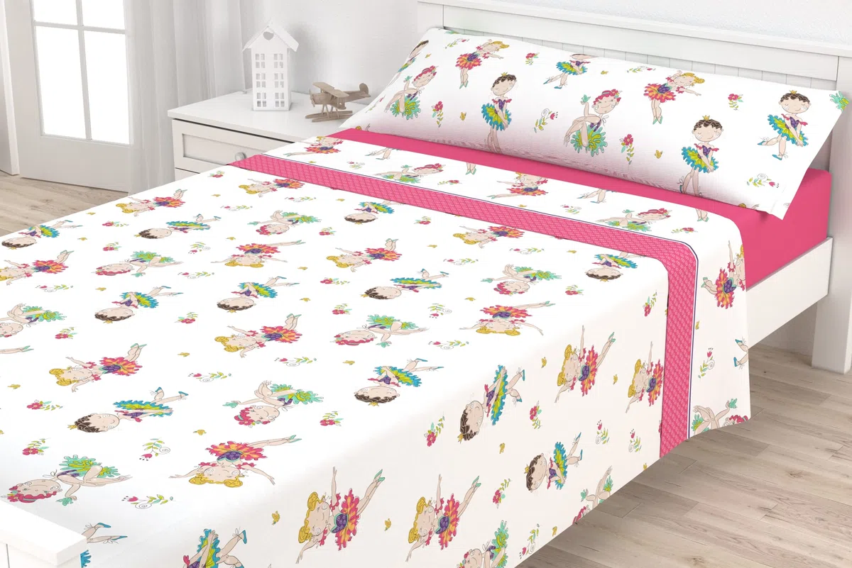Liniva Home - Juego de Sábanas Infantiles Algodón/Poliéster - Modelo Bailarina - Rosa, Cama 90 cm