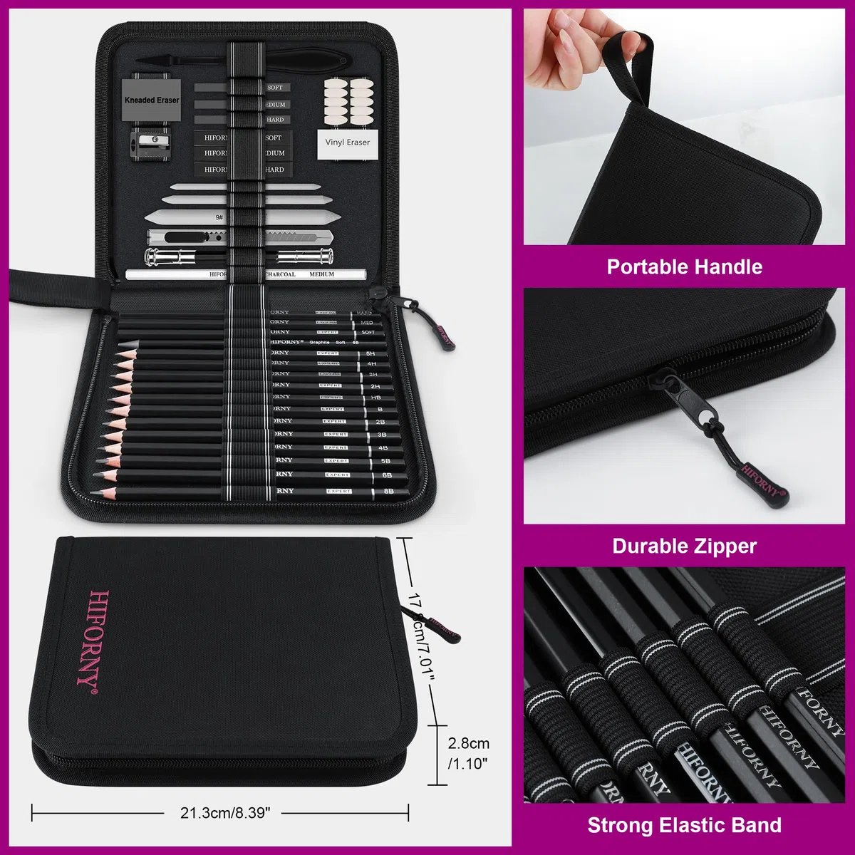 HIFORNY Juego de dibujo de 42 piezas, kit de dibujo con lápices de grafito y carbón, herramientas de mezcla, borradores y accesorios, estuche de viaje portátil con cremallera para artistas y